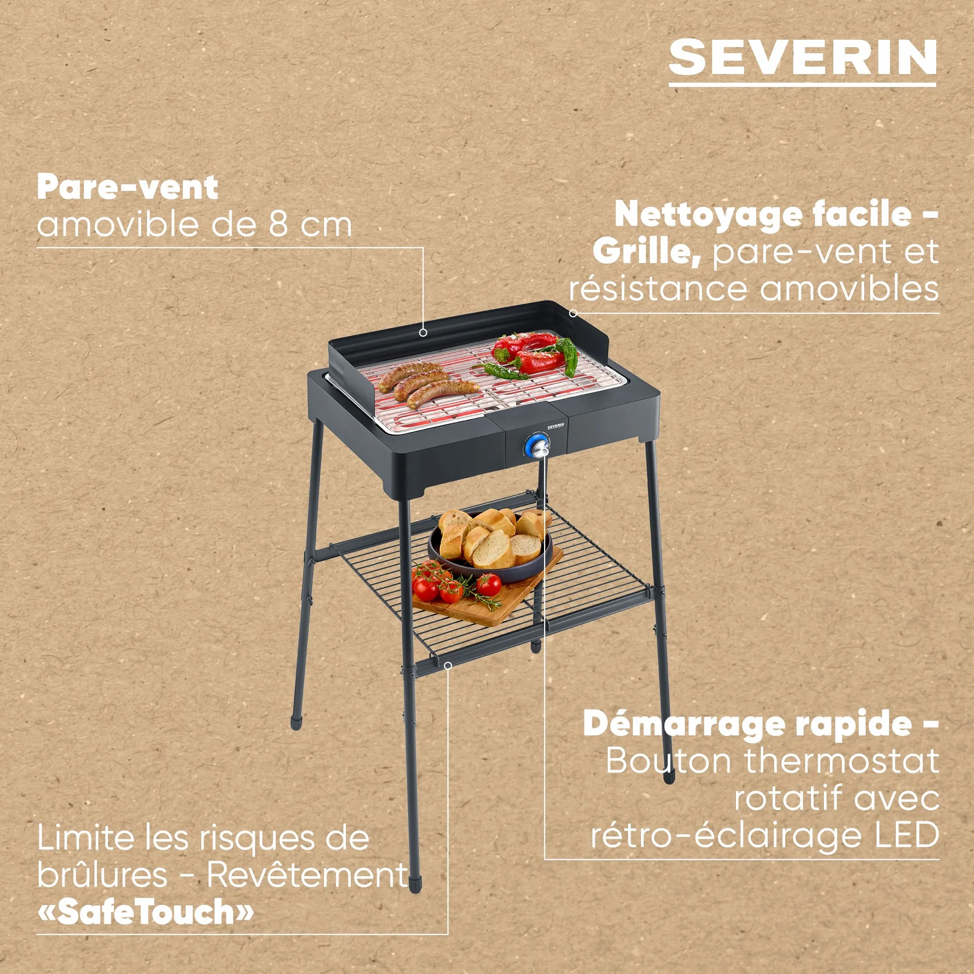 SEVERIN Barbecue électrique 2200 W Grille inox sur pieds avec pare-vent amovible eBBQ bac à eau Noir