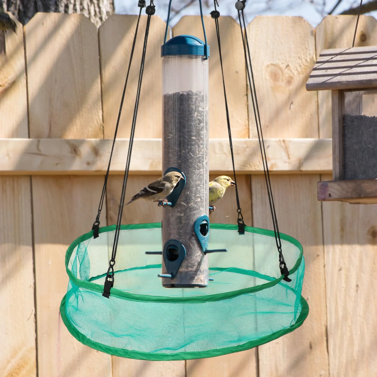 Lyreh Plateau Récupérateur de Graines pour Oiseaux 50cm, 8 Cordes Suspension 4 Sacs Rangement, Vert