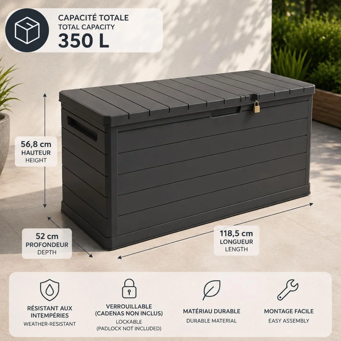 Art Plast Coffre de Rangement extérieur 350L Gris 118.5x52x57cm Résistant à l'eau