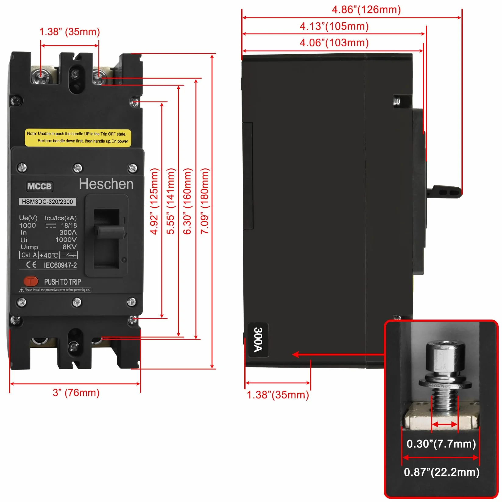 Heschen MCCB HSM3DC-320 Disjoncteur 2 pôles DC1000V 300A Disjoncteur photovoltaïque pour système solaire PV Système de réseau