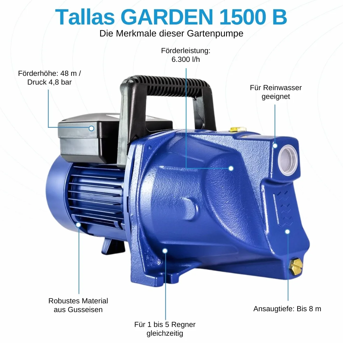 Tallas GARDEN 1500 B Pompe de jardin – 6 300 l/h – 1500 W – Hauteur de refoulement 48 m – Très robuste – Avec poignée et prise montée – Pompe d'arrosage