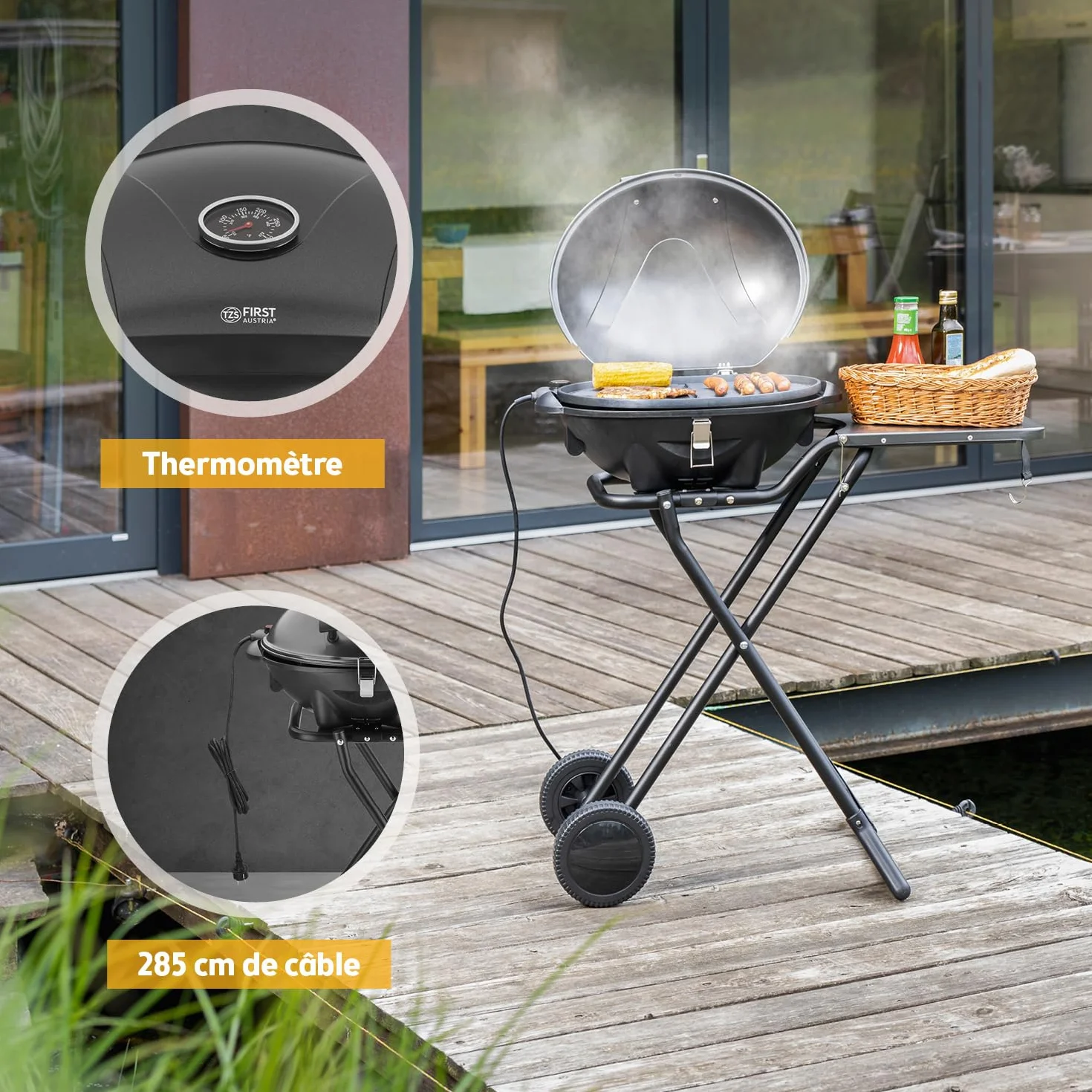 TZS First Austria Barbecue électrique 2 en 1 2400W BBQ pliable gril sphérique avec thermomètre
