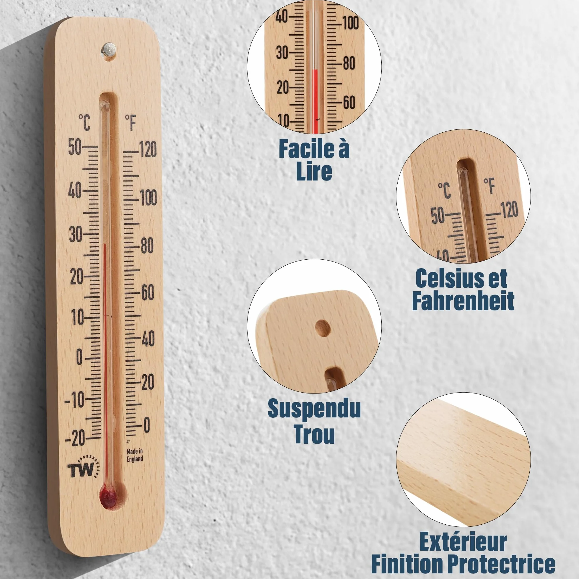 Thermomètre d'ambiance en bois pour intérieur extérieur maison bureau