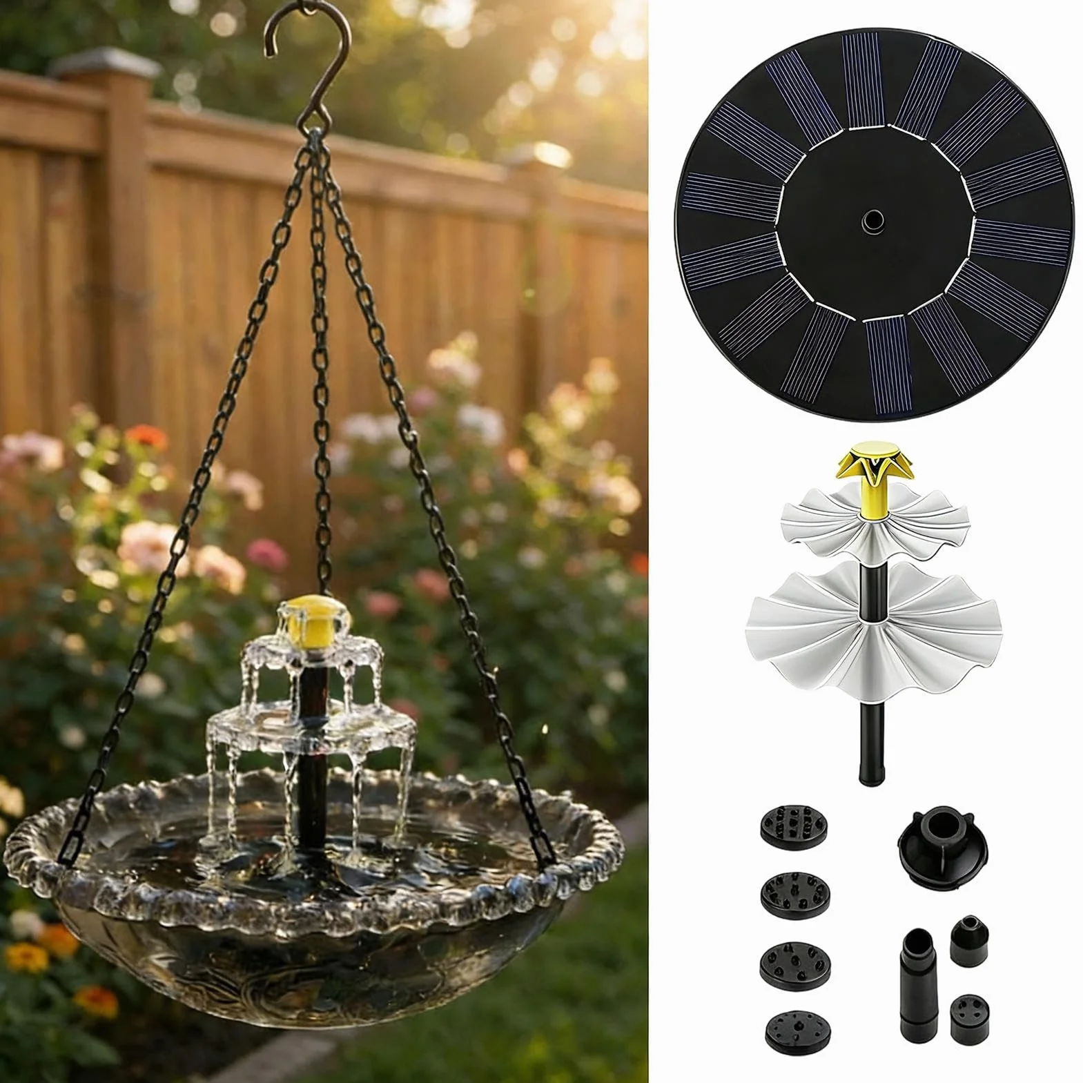 Fontaine Solaire pour Oiseaux avec Pompe et Gicleur, Bain d'Oiseau Solaire pour Jardin Extérieur