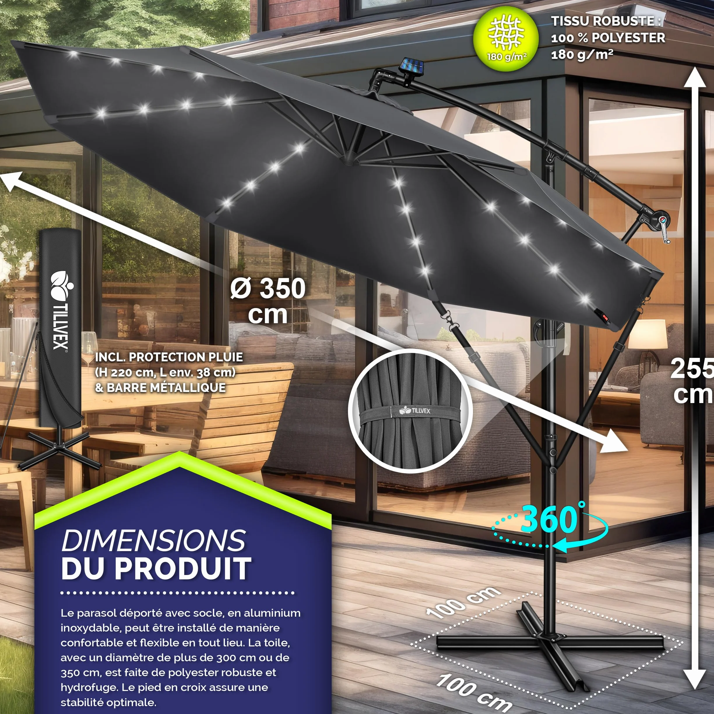 Parasol déporté LED solaire hexagonale 3M avec manivelle Protection UV en aluminium pour jardin