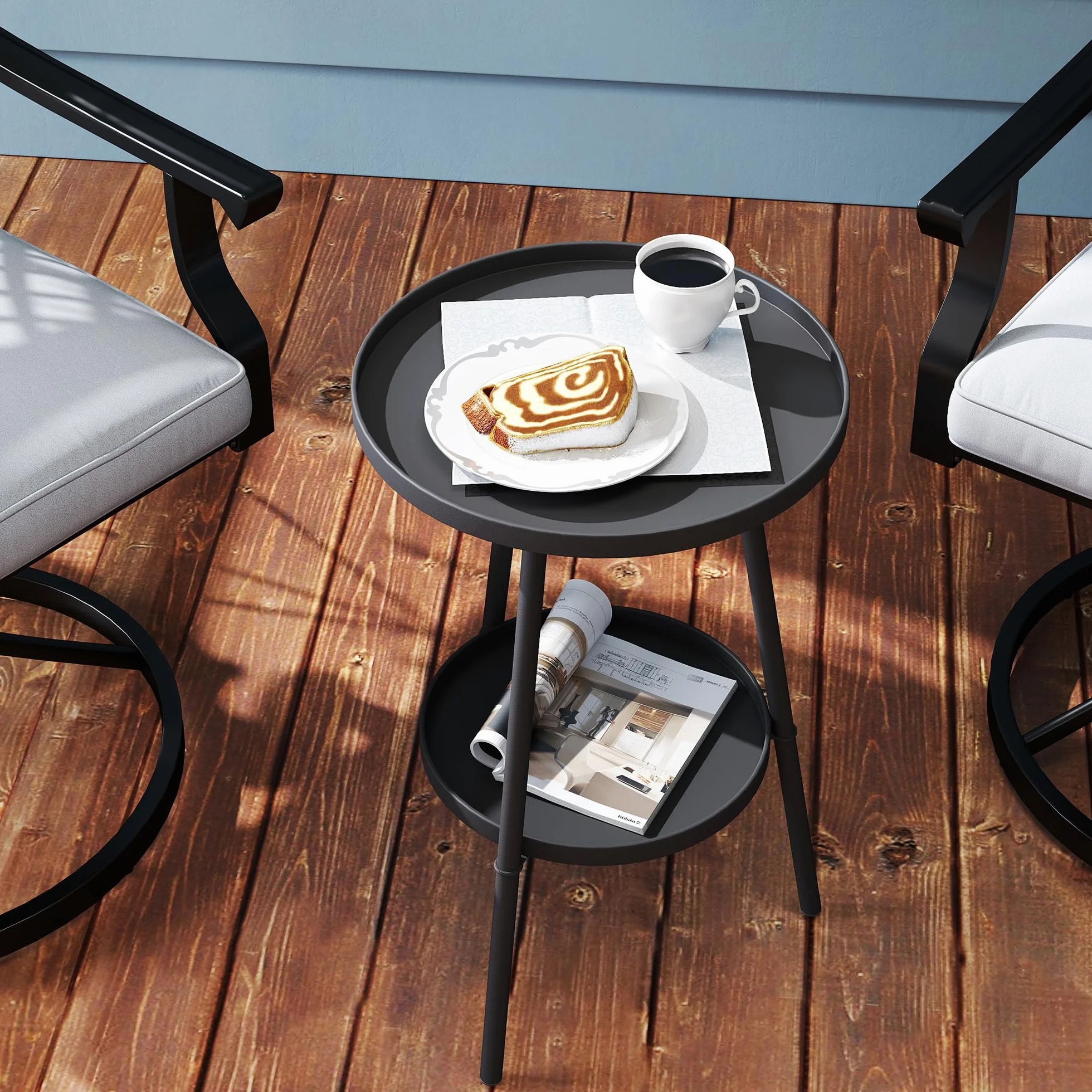 Outsunny Petite Table d'appoint Ronde 2 Niveaux Table de Jardin Métal Noir