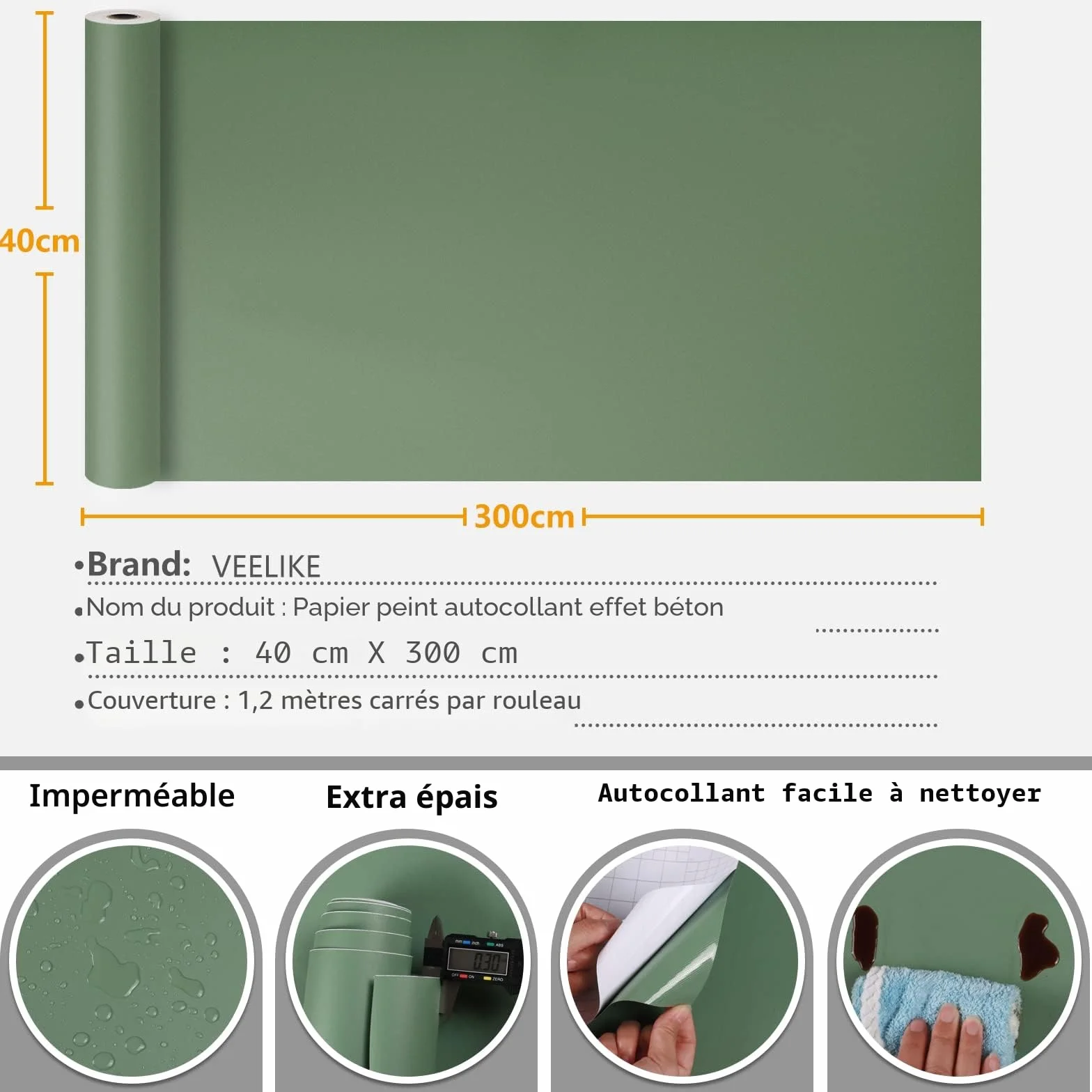 VEELIKE Papier Peint Vert Sauge Vintage Rouleau Adhesif pour Meuble Papier Peint Adhesif Mural Salon Autocollant Meuble Cuisine Lavable Épaissir Revetement Mural Chambre Armoire 40 cm × 300 cm
