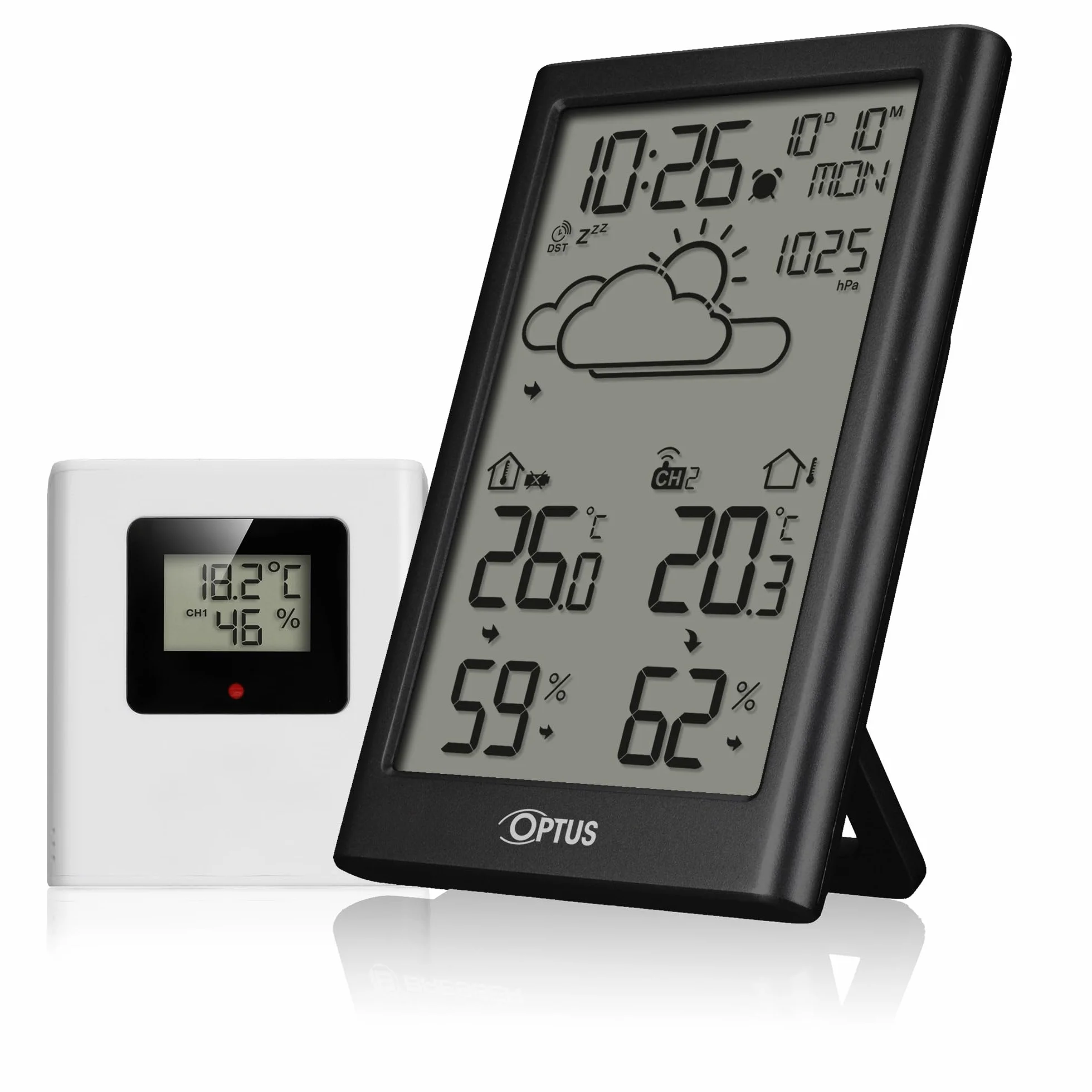 Station météo sans fil Optus avec capteur extérieur, horloge DCF, alerte gel, noir
