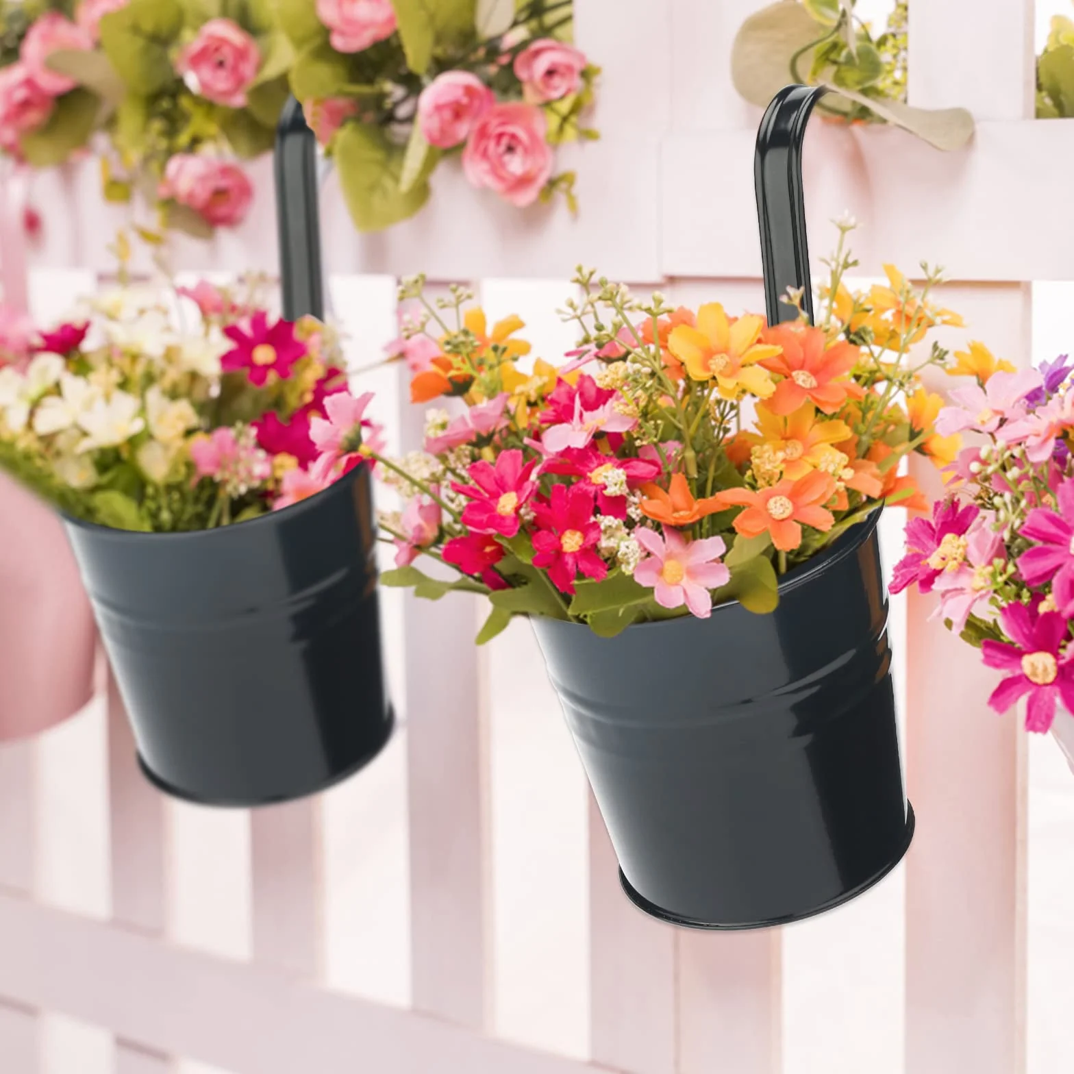 KINGLAKE 10 pièces 16cm Pots de Fleurs en métal à Suspendre Noir avec Crochet Amovibles