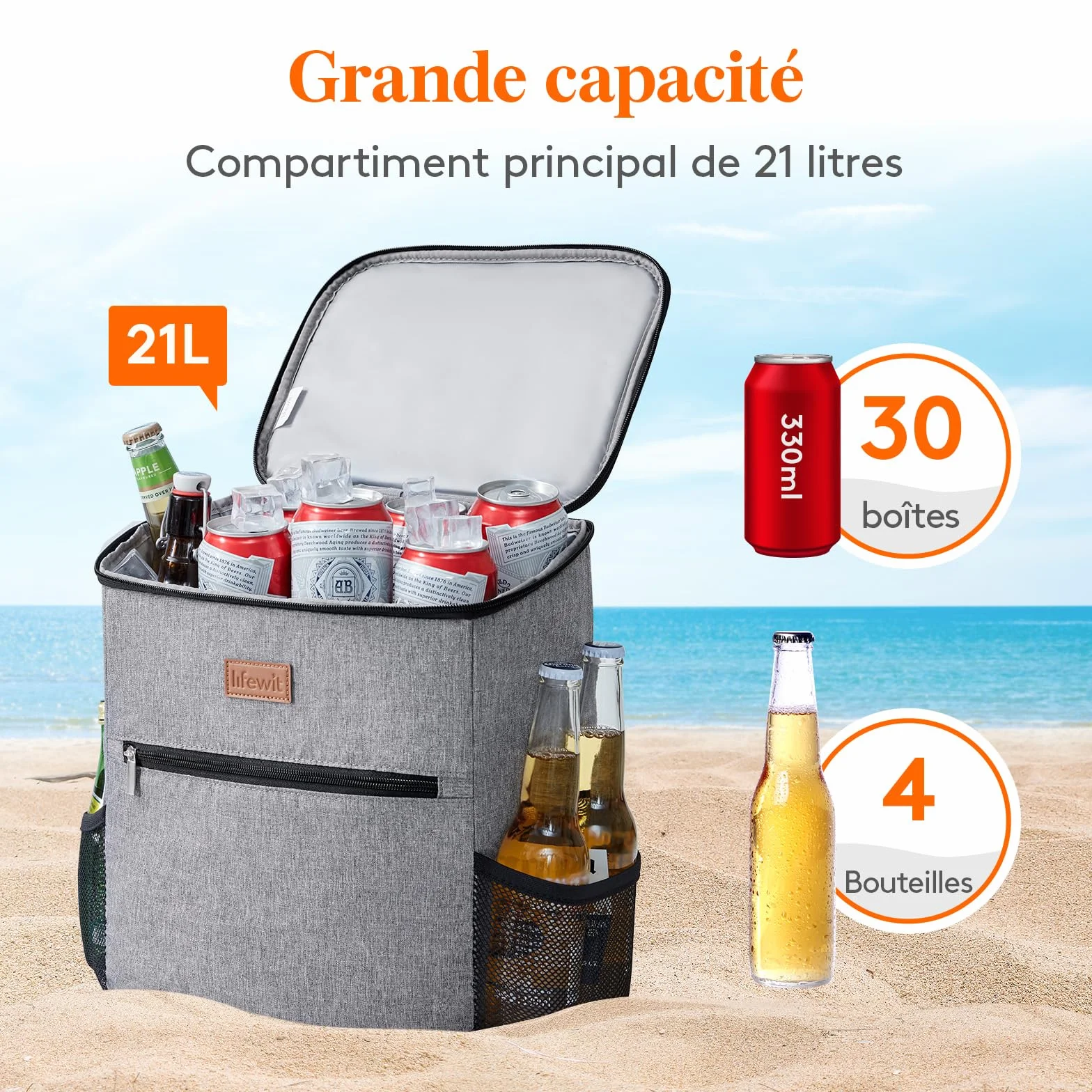 Lifewit Sac Isotherme 21L Grand Sac à Dos Repas Adulte Glacière Étanche Souple Pique-Nique Camping Gris