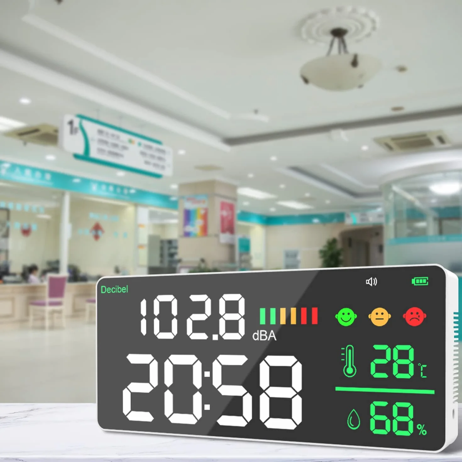 Decibelmetre, Sonomètres Tenture Murale Sonomètre 30~130dB 11 "LCD Professionnel Sonomètre Décibelmètre avec Décibel/Température(℃)/Humidité pour la maison, école