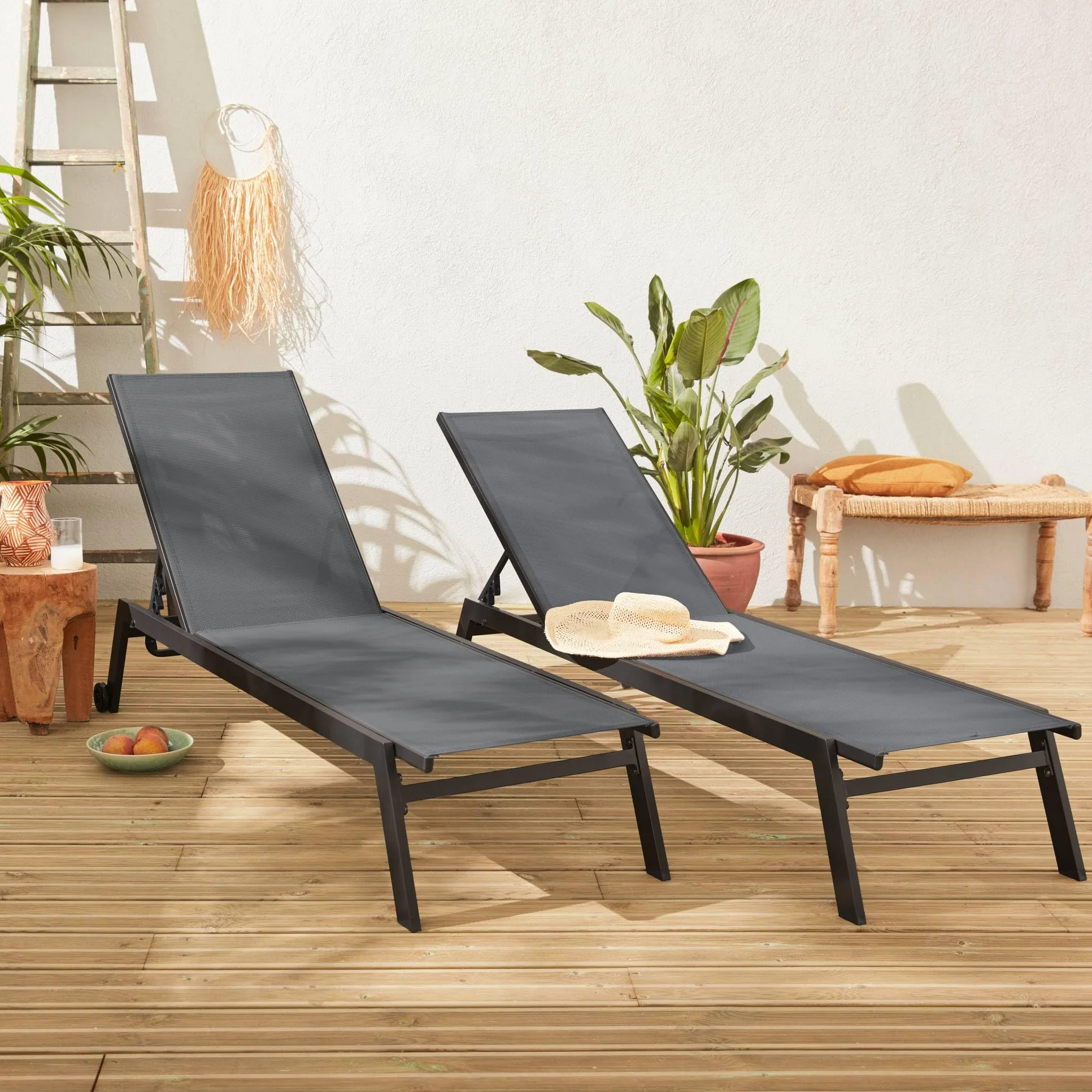 Alice's Garden Lot de 2 Bains de Soleil Elsa Aluminium Gris Anthracite textilène Gris Taupe transats Multi Positions roulettes