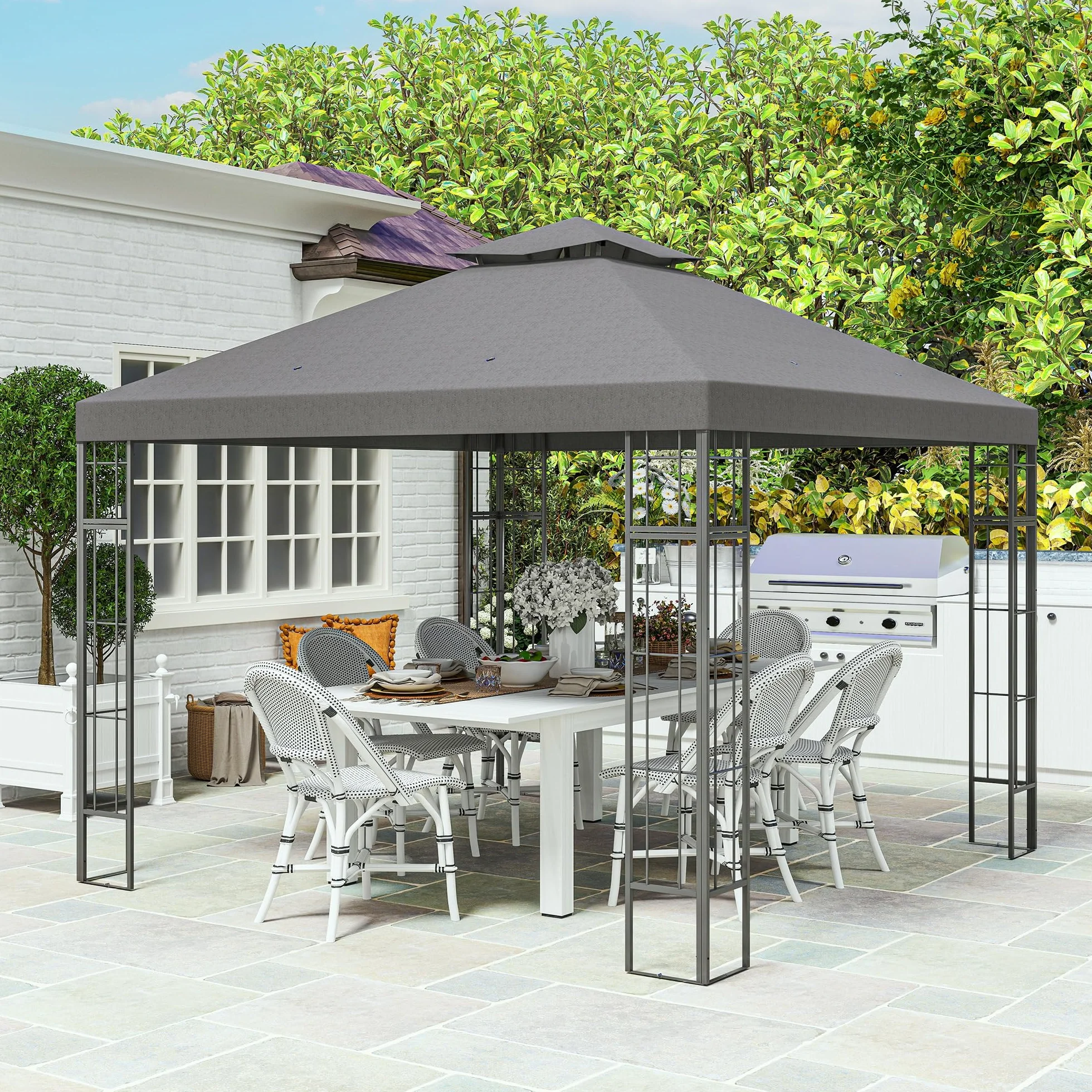 Outsunny Pavillon de jardin double toit 3x3 m Hydrofuge stable résistant hiver protection UV Tente métal gris foncé