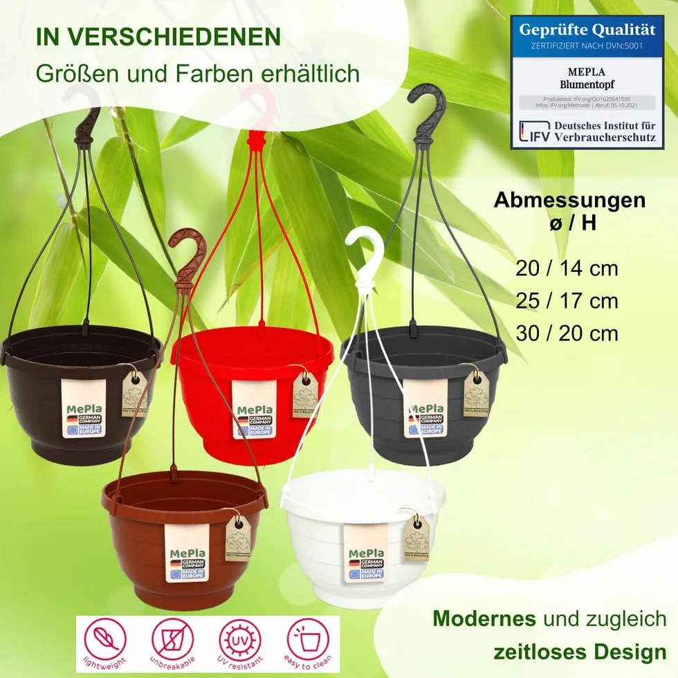 MePla KOMET Lot de 2 pots de fleurs suspendus 30 cm Anthracite Résistants aux intempéries UV