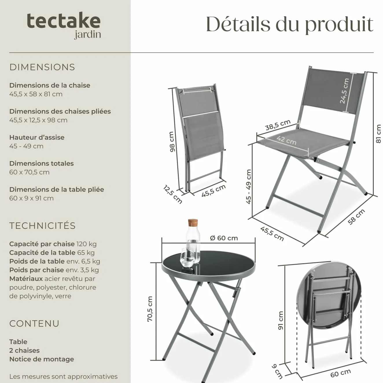 Tectake Ensemble Table Ronde et Chaises Pliantes Table de Bistrot Jardin 2 Personnes Acier Epoxy