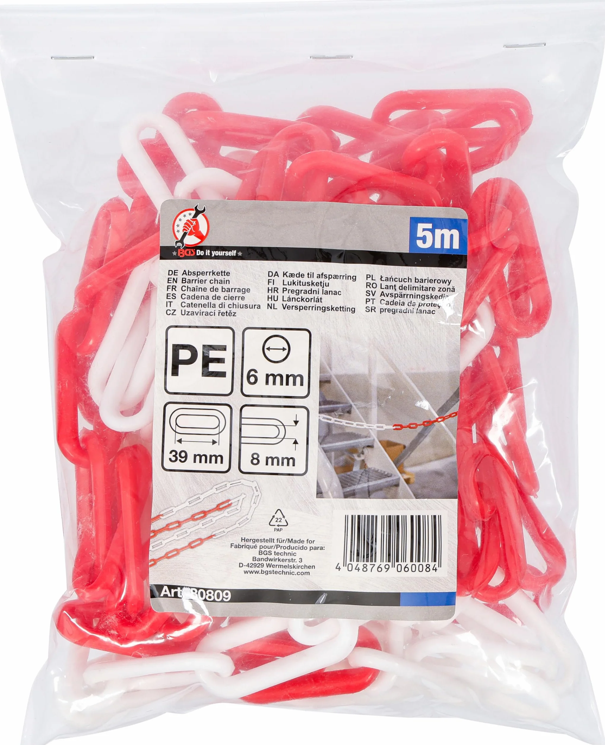 BGS Diy 80809 | Chaîne de barrage | Rouge - blanc | Matière plastique | 5 m