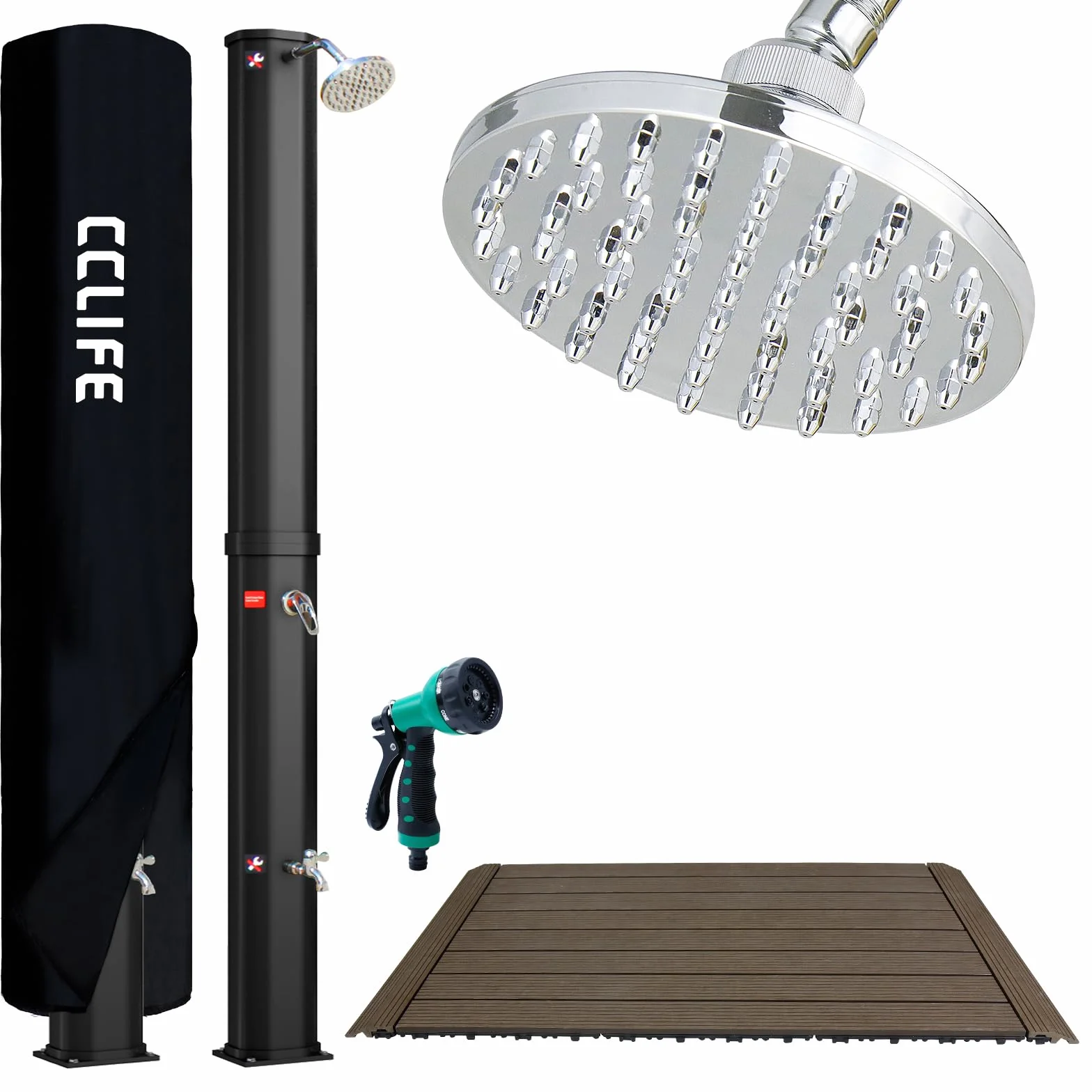CCLIFE Douche Solaire 40 litres Jardin avec Fond Bois WPC Housse Protection Pommeau Réglable Température 60°