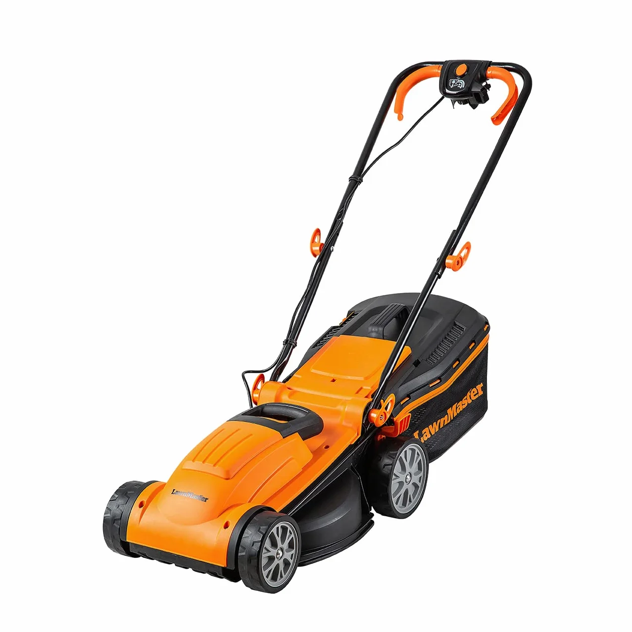 LawnMaster MEB1434M Tondeuse 1400W 34cm 6 Hauteurs Réglable 20-70mm 32L Bac de Ramassage