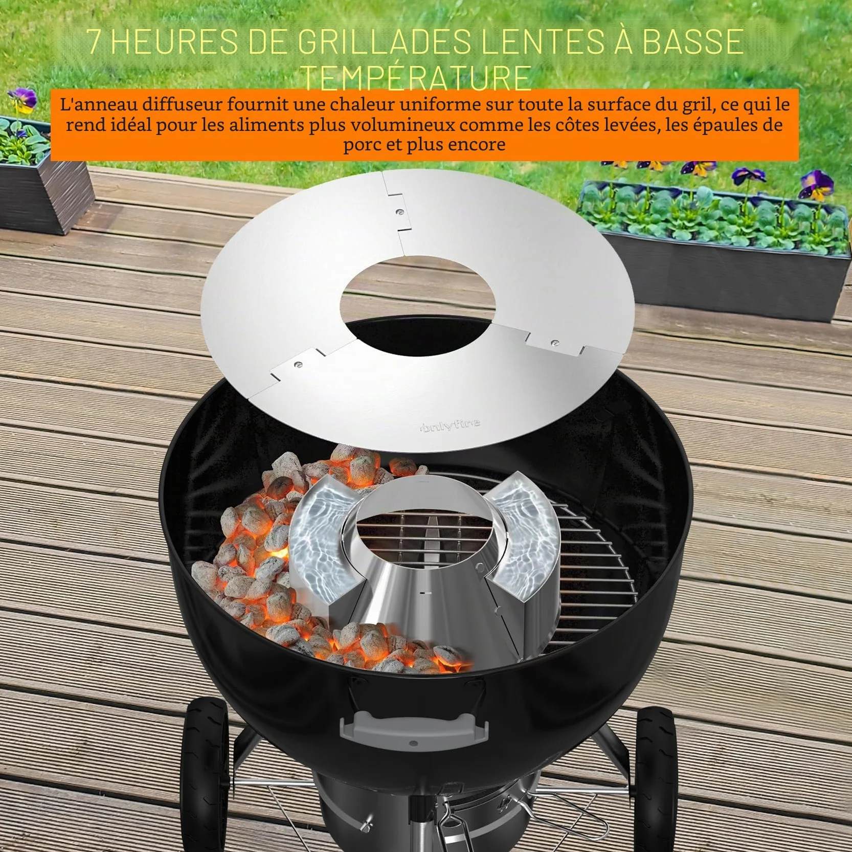 Onlyfire Panier de Charbon en Inox avec Réflecteur de Chaleur et Réservoir d'eau Amovible pour Barbecue à Charbon Weber 57 et 67 cm