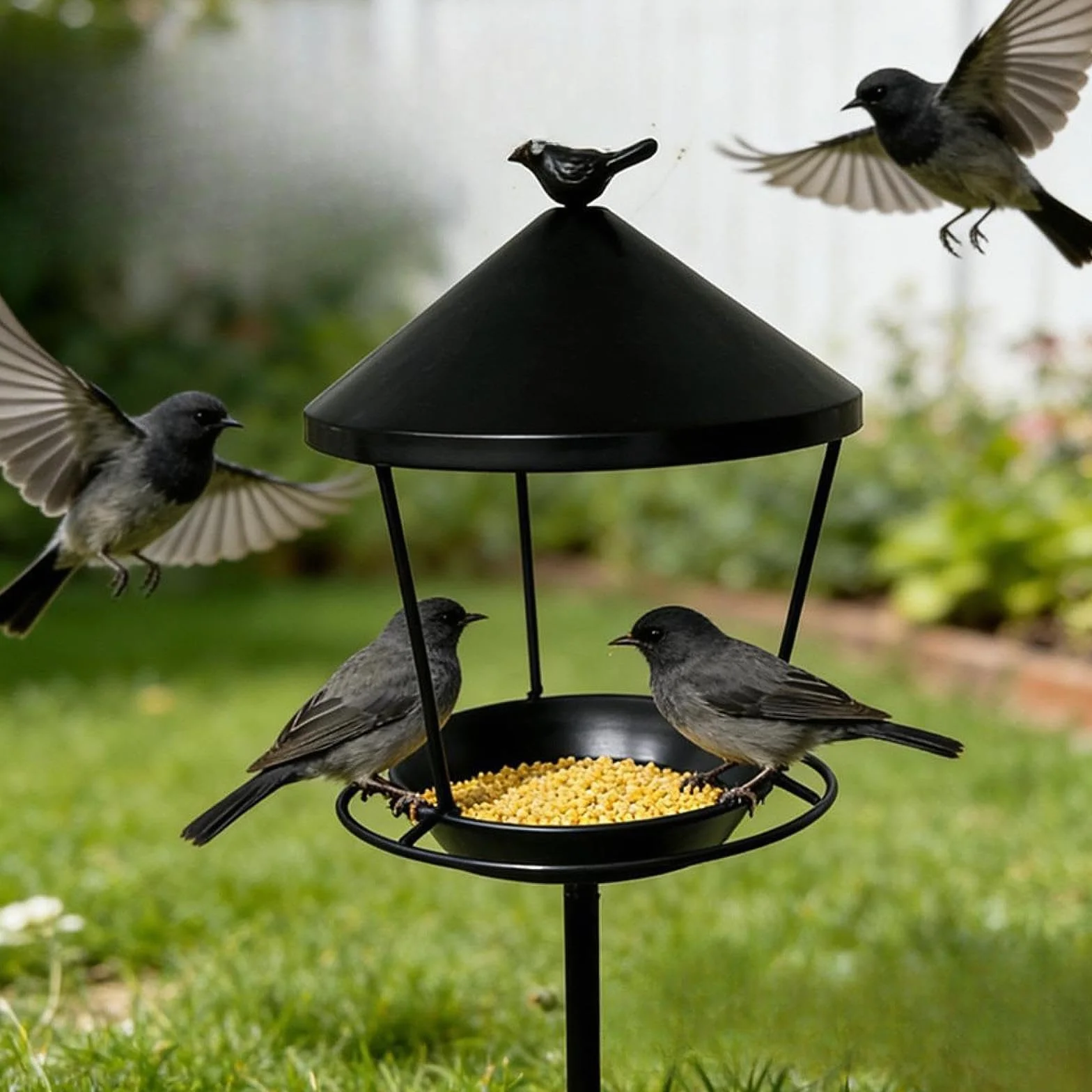 Harilla Mangeoire à Oiseaux sur Pied Métal 2-en-1 avec Bain Anti-Gaspillage Plateau Grand Format Noir