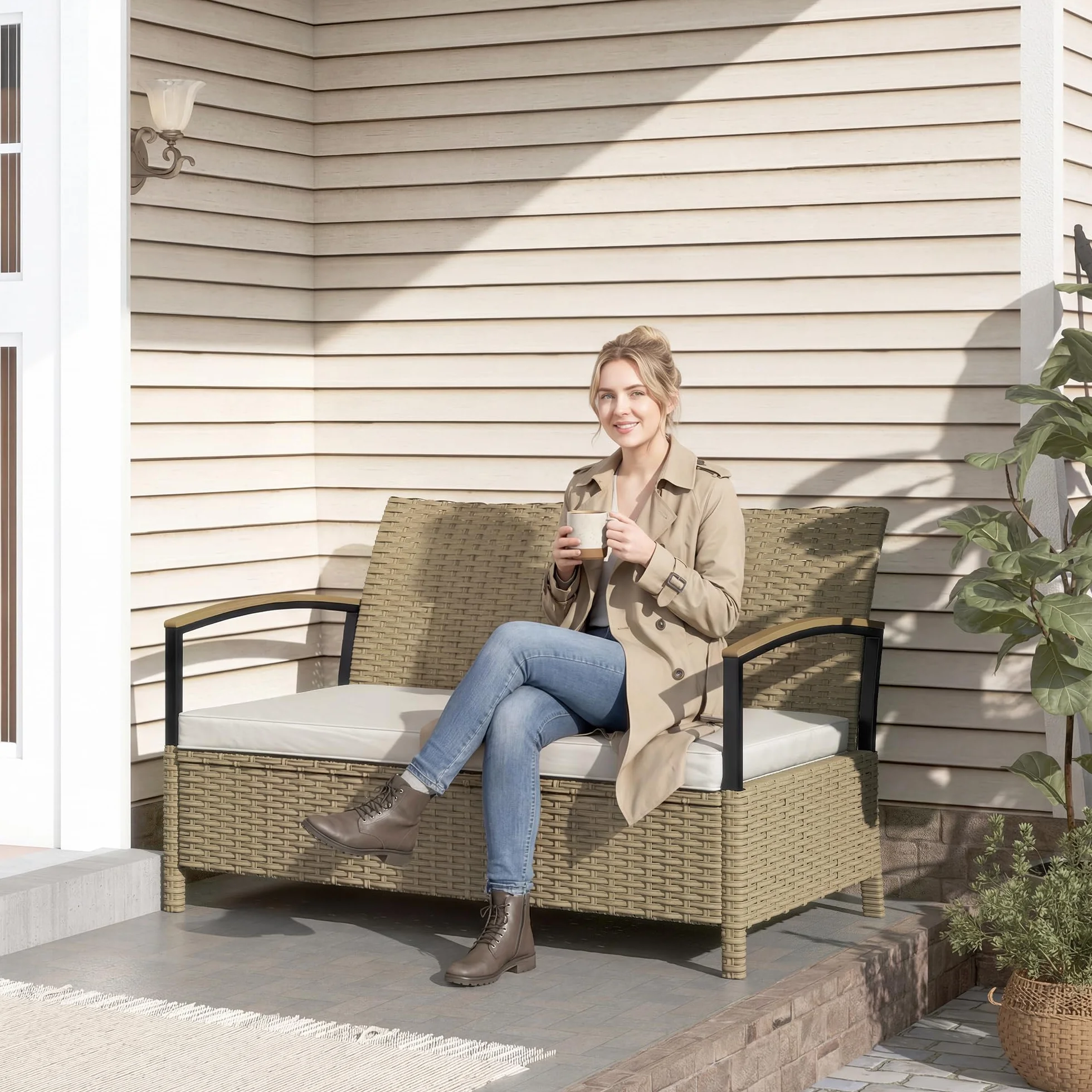 Outsunny Coffre d'extérieur Banc Jardin Rangement 125 L Canapé 2 Places Rotin PE Coussin Métal Terrasse Kaki