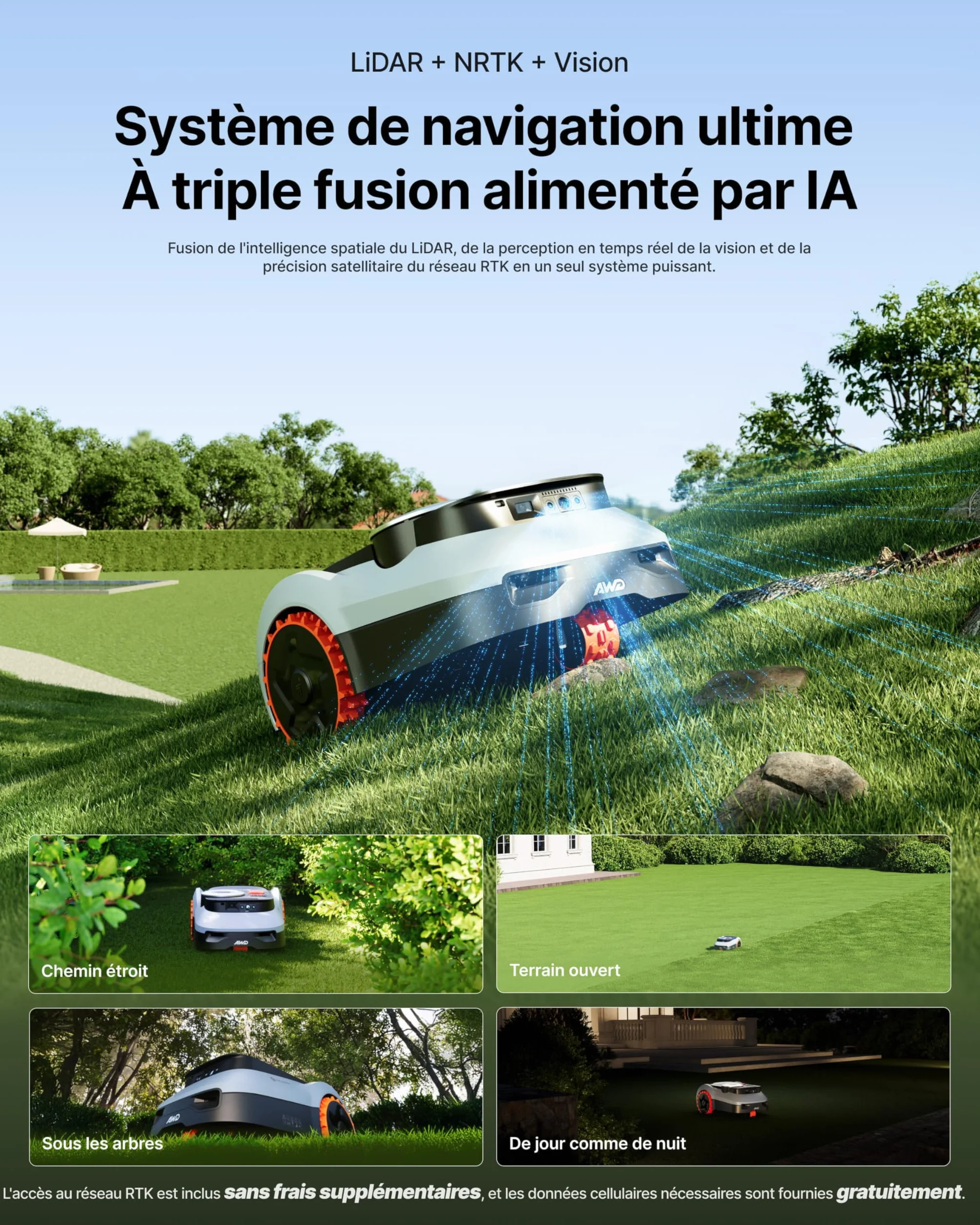 Segway Navimow i210 LiDAR Pro Robot Tondeuse avec Garage M, Navigation LiDAR+Vision+RTK, Xero-Turn AWD, 55% pente
