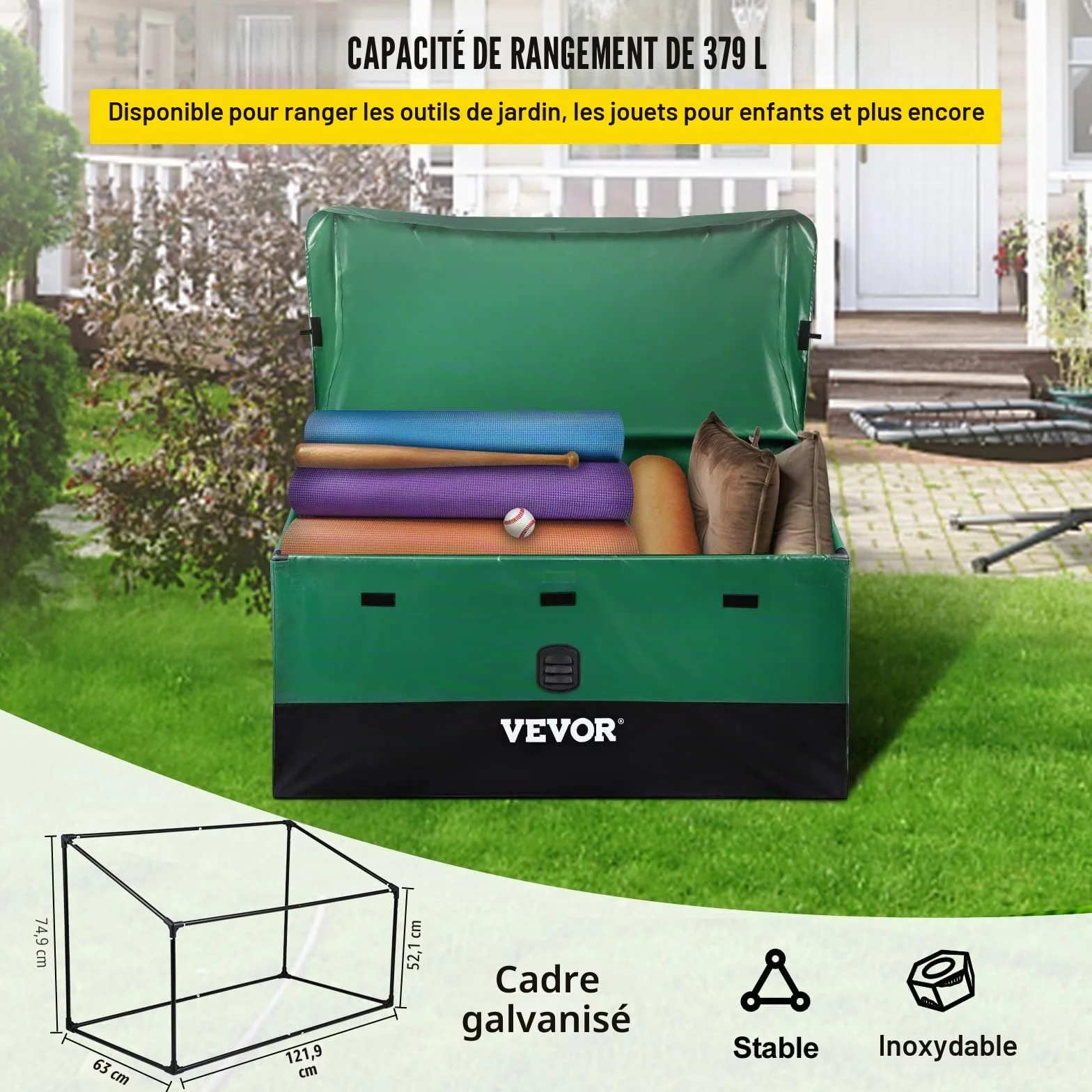 VEVOR Boîte de Rangement Extérieur 440 L Coffre de Jardin Étanche Cadre Galvanisé Bâche PE 122x63x75 cm