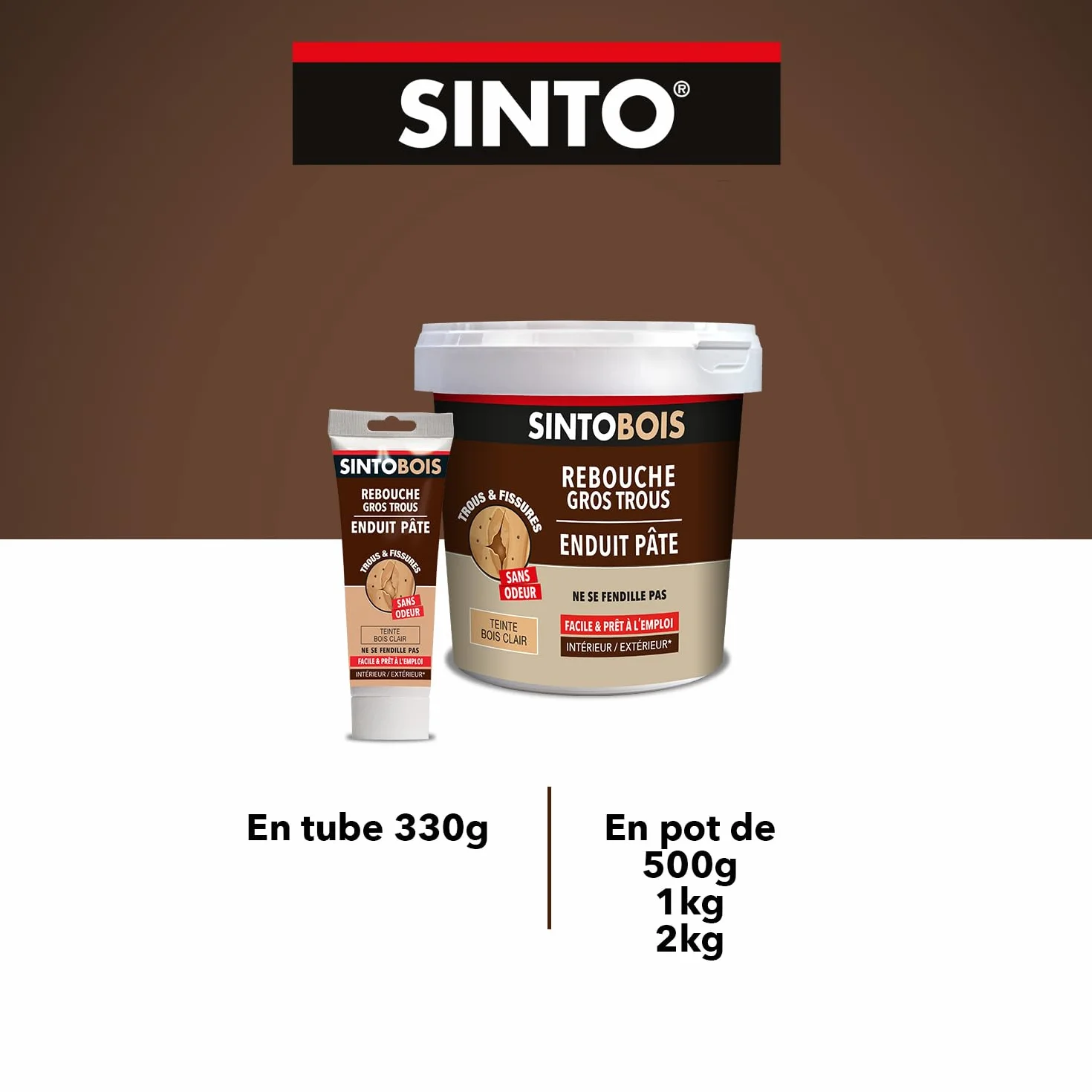 SINTO Rebouche gros trous et fissures bois clair 1kg, prêt à l'emploi, excellente adhérence, ne fendille pas, séchage rapide, bois et dérivés, intérieur et extérieur