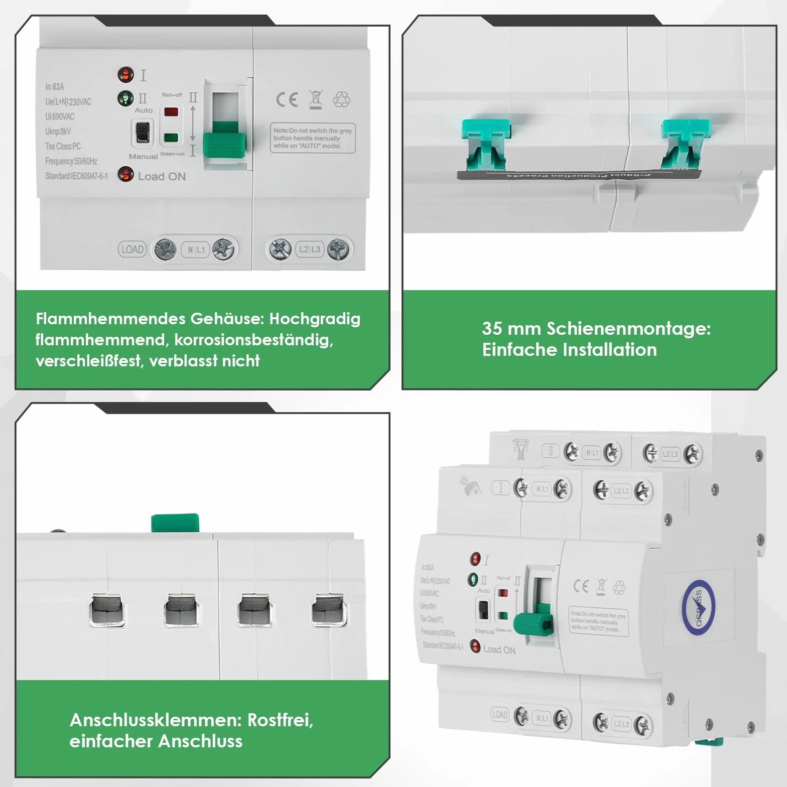 Inverseur de Source Automatique 63A 4P pour Rail DIN, ATS Mini 400V avec Commutation Rapide <50ms pour Générateur de Secours dans Armoire Électrique - Inverseur de Source Monophasé 63a