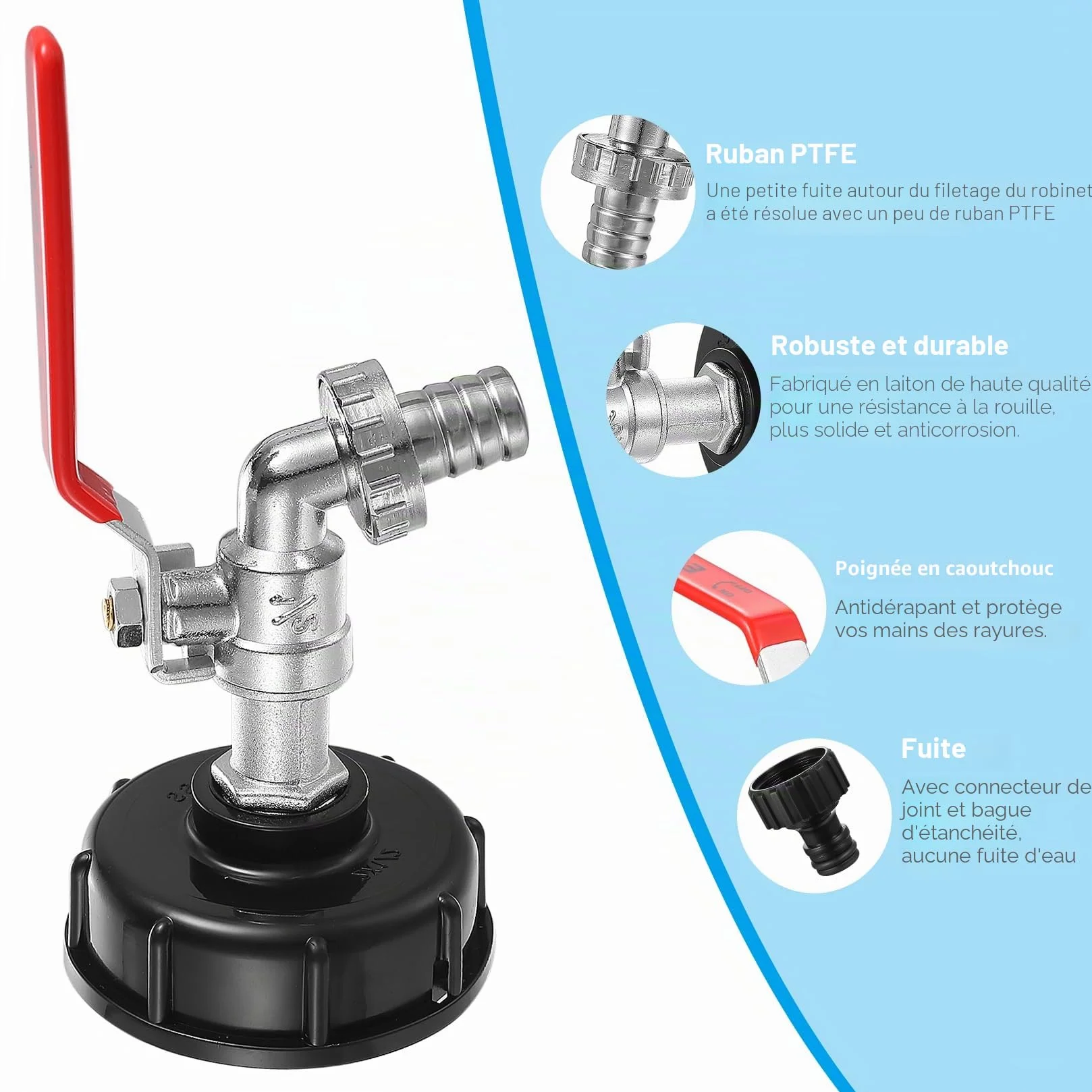 Robinet de Vidange IBC 1000L avec Adaptateur S60x6 1/2 Pouce, Robinet Antidérapant et Étanche