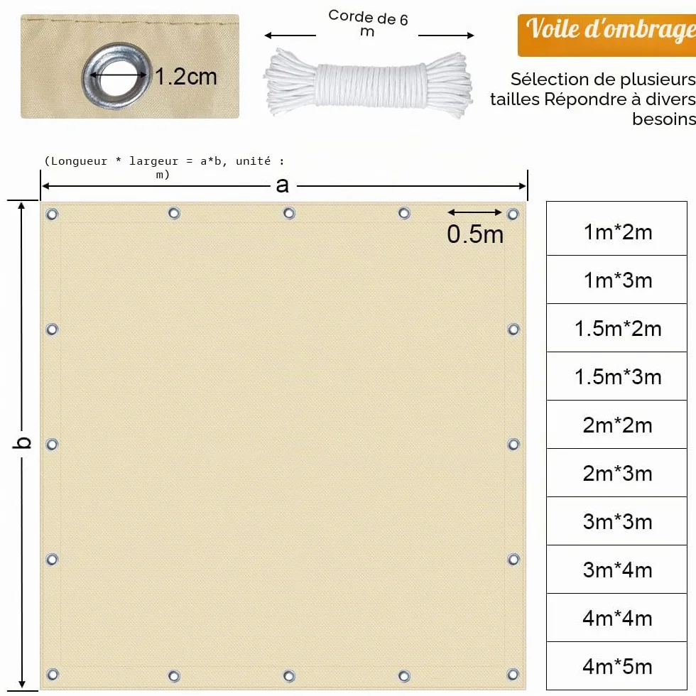 Voile d'ombrage rectangulaire imperméable 95% UV protection 3x4m crème