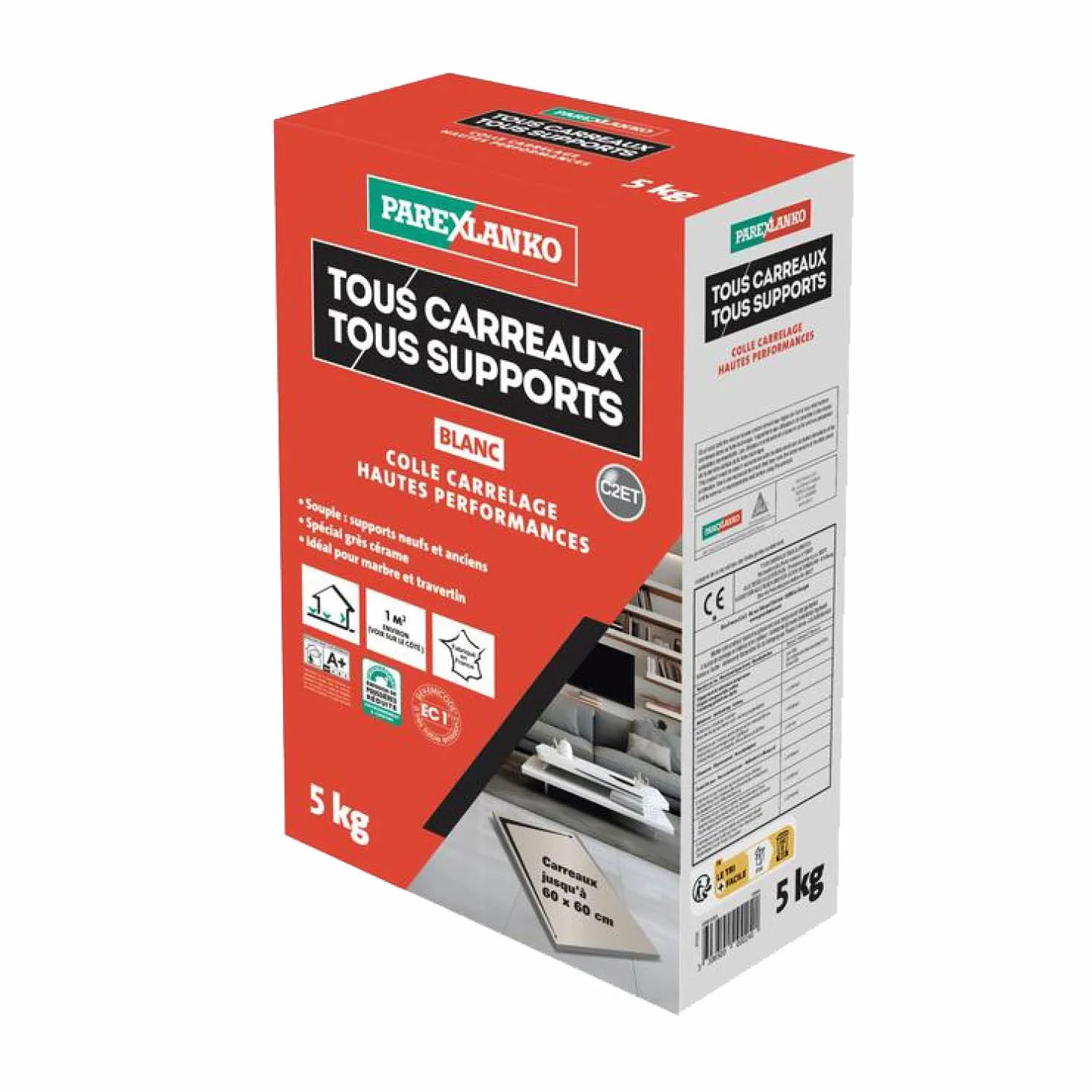 Parexlanko - Colle carrelage - Tous Carreaux Tous Supports - Blanc - Neuf et rénovation - Spécial grès cérame - Adhérence haute performance - 5kg