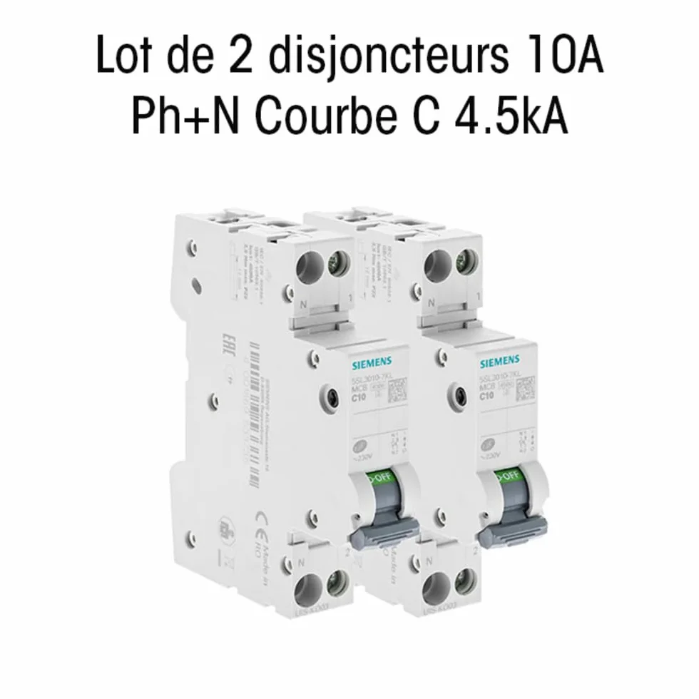 Lot de 2 Disjoncteurs électriques phase + neutre 10A
