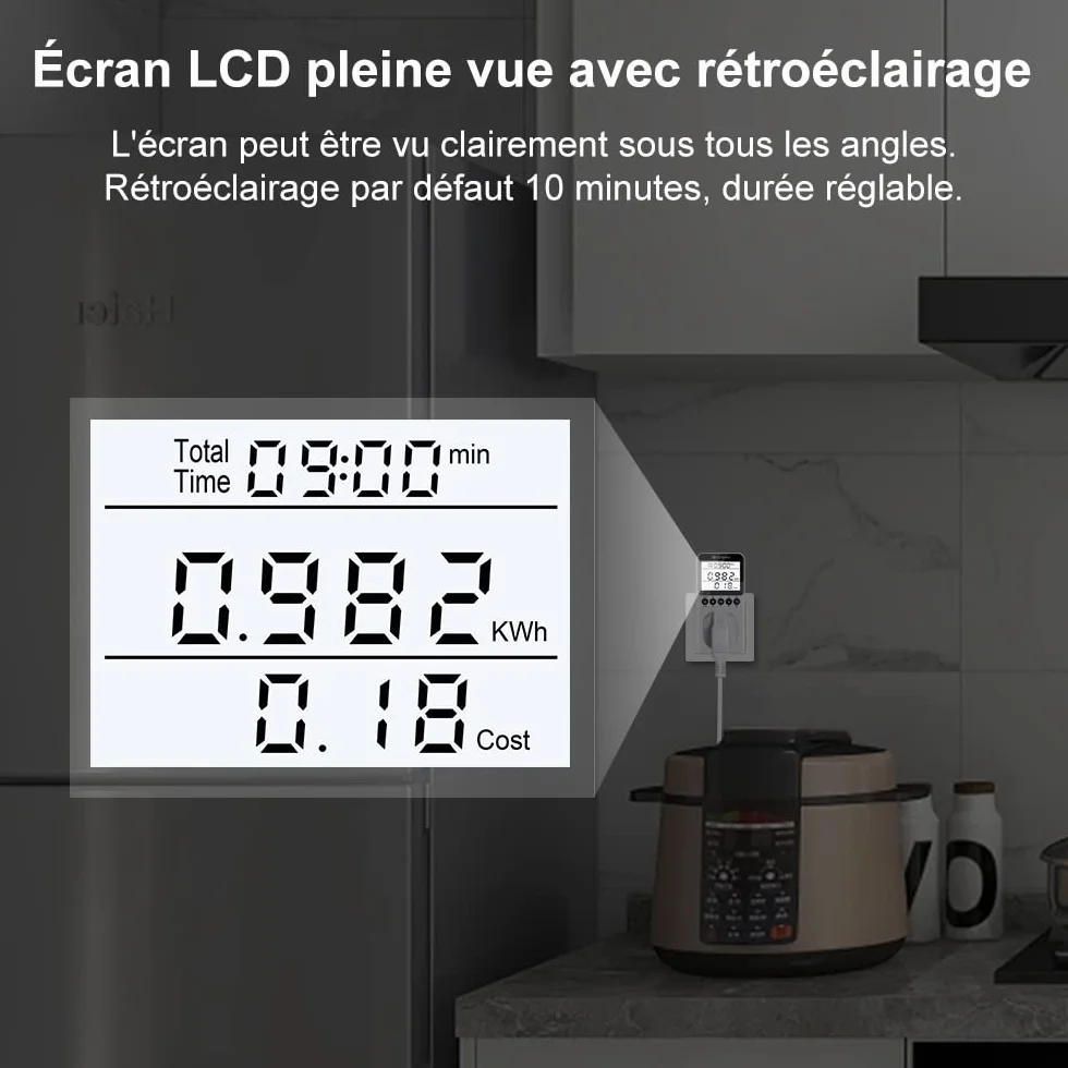 KETOTEK Wattmetre Prise, Compteurs D'énergie, Mesure Consommation Electrique, Compteur Electrique avec Écran LCD Rétroéclairé Surcharges de Protection 3680W