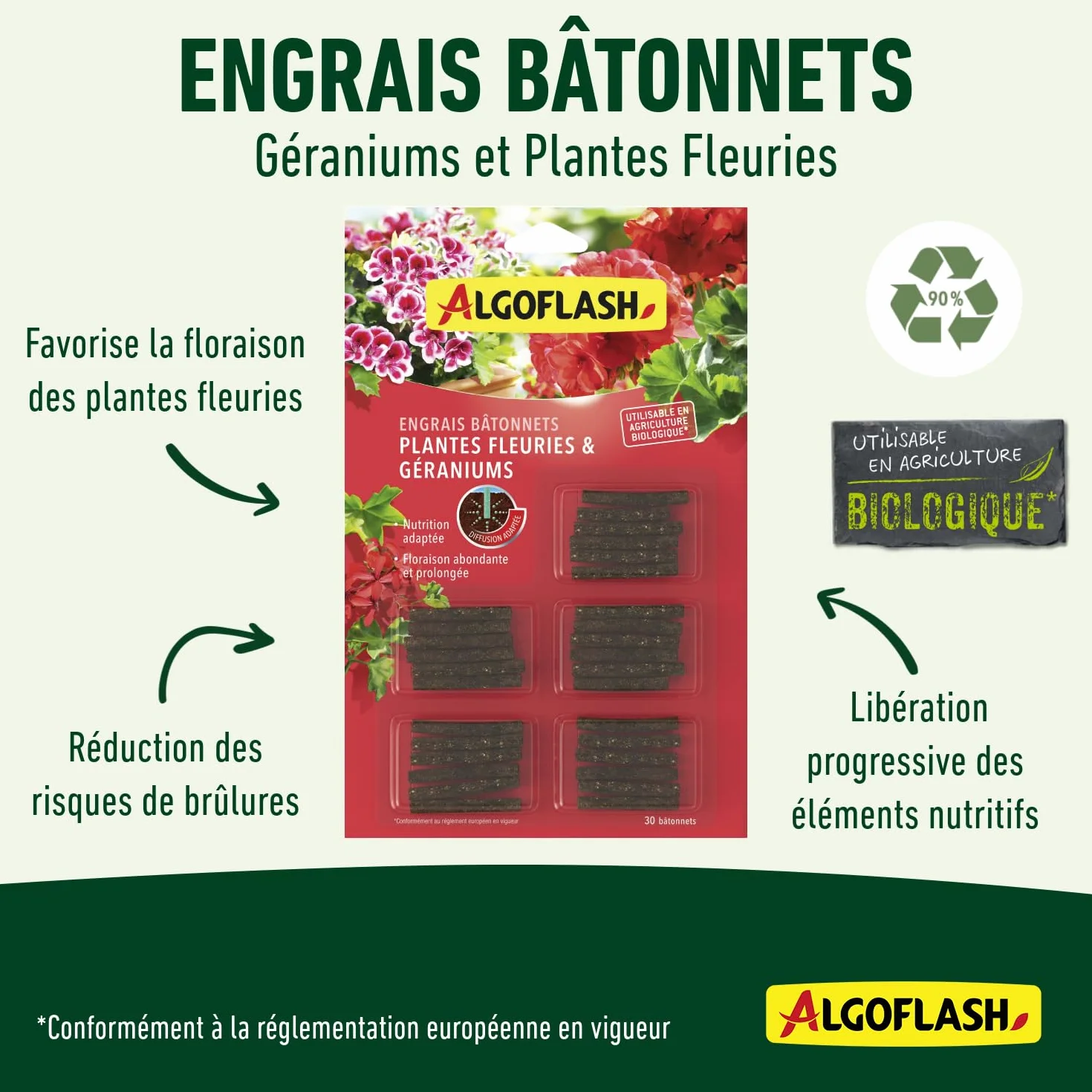 Algoflash Bâtonnets Engrais Géraniums Plantes Fleuries Biologique 30 Bâtonnets