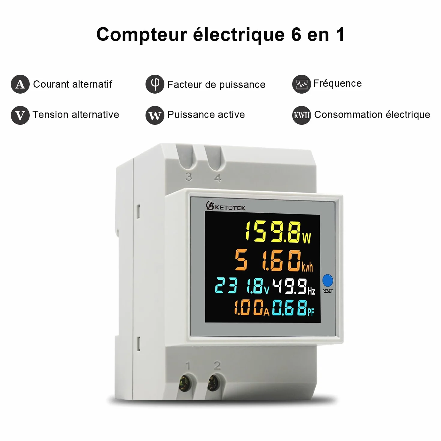 KETOTEK Compteur d'énergie monophasé Compteur d'électrique numérique AC 40-300V 100A Compteur Electrique 1 Phasé Wattmètre Rail DIN Mètre Watt KWh Voltmètre Ampèremètre
