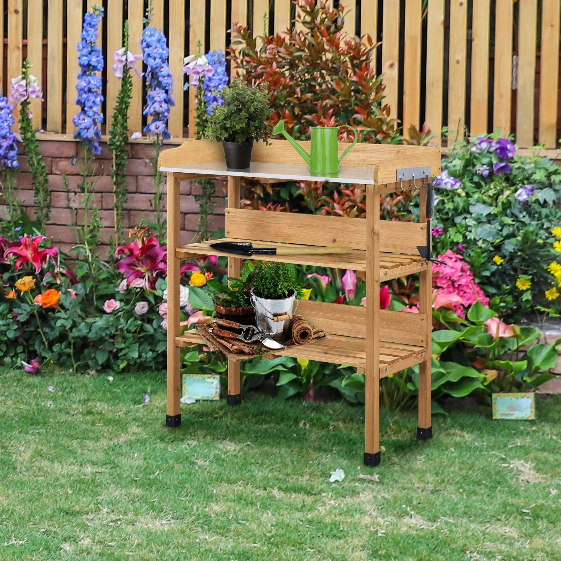 Yaheetech Table de Rempotage Extérieure en Bois Sapin avec Étagère de Rangement 3 Crochets