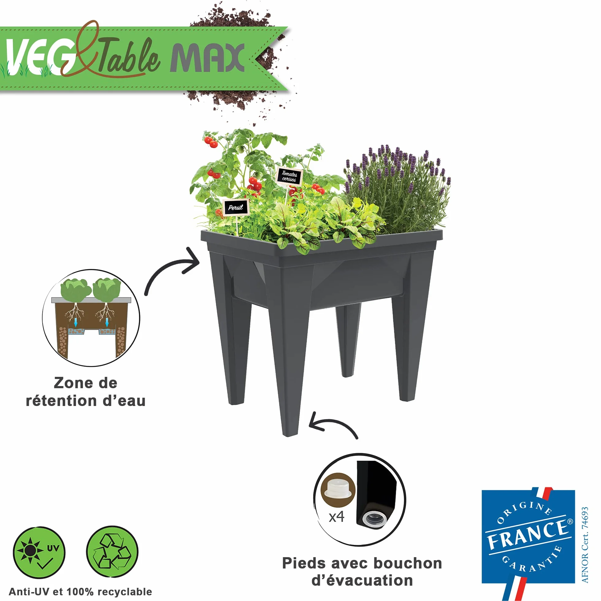 Espace Potager Veg&Table MAX 85L Zone Rétention d'Eau Pieds Creux 75,6 x 55,6 x 68 cm Gris Anthracite