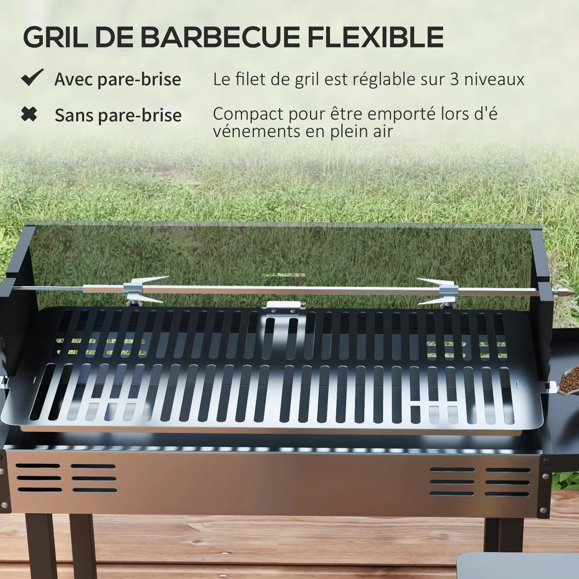 Outsunny Barbecue Charbon de Bois BBQ Grille 3 Niveaux Étagères Latérales Pliables Acier Inoxydable Pare-Vent Amovible 118x32x90 cm Noir