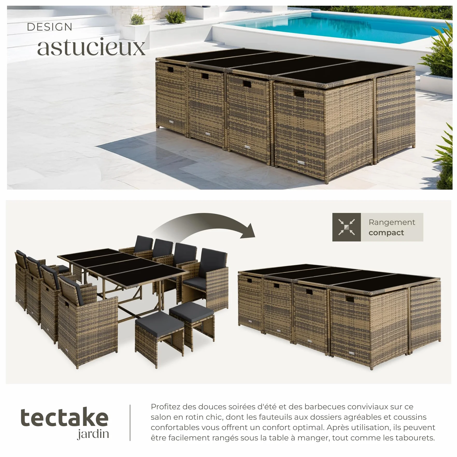 Tectake Salon en Résine Tressée Ensemble Repas Extérieur 8 Chaises 4 Tabourets 1 Table Marron Naturel Gris Foncé