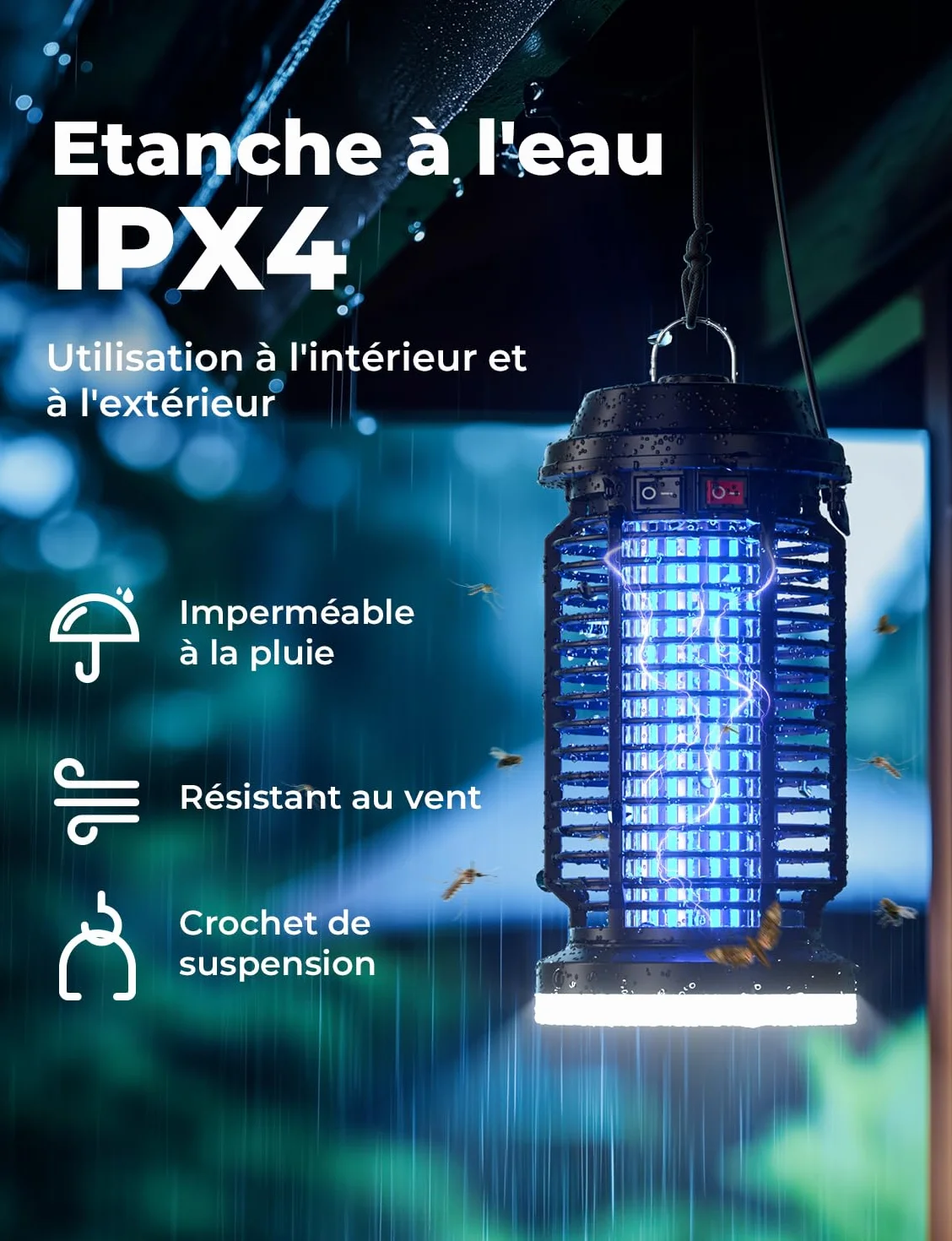 YISSVIC Lampe Anti Moustique 4200V 15W Tueur Mouche Electrique 2 en 1 LED UV IPX4 pour Extérieur et Interieur