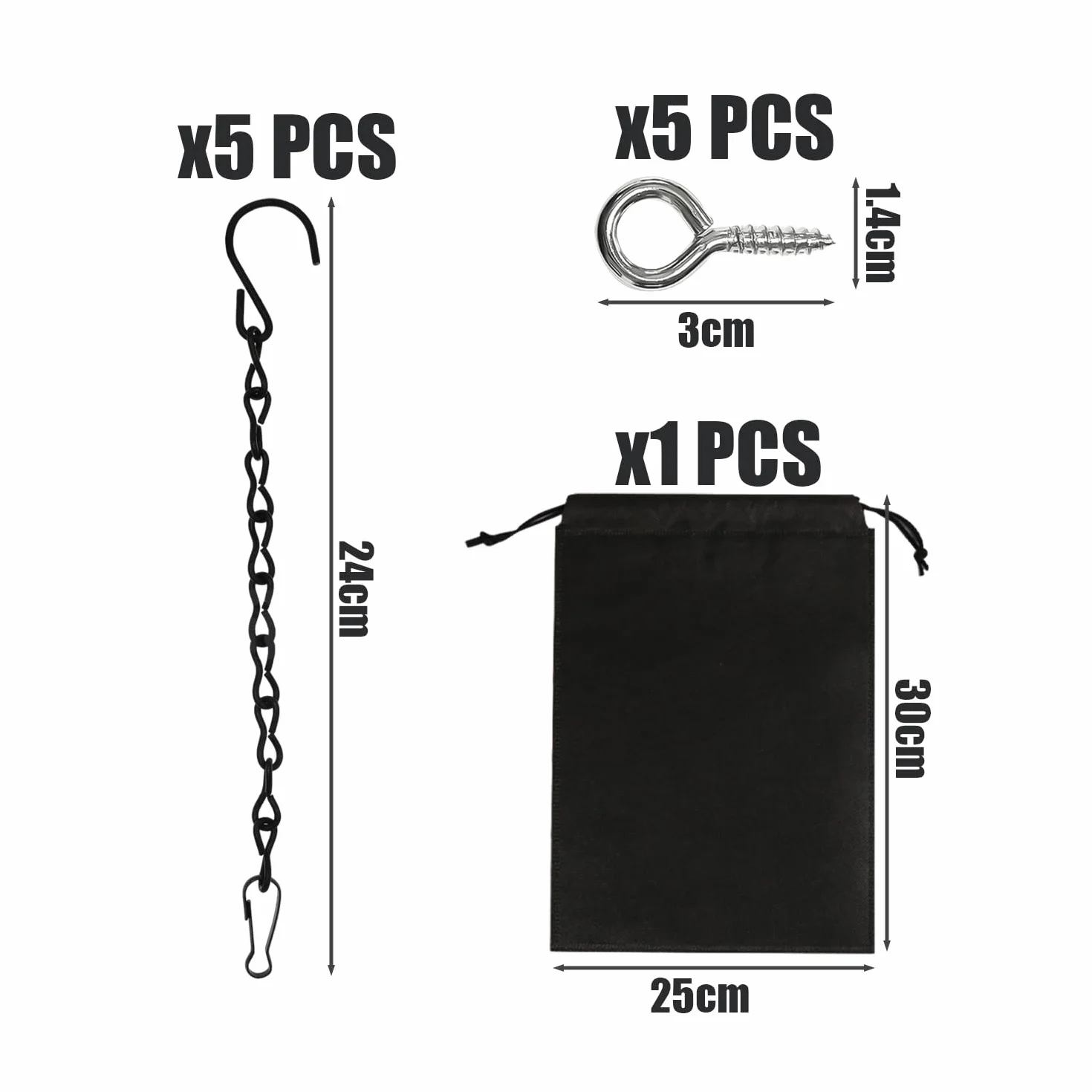 Lot de 5 Chaînes en Acier Noir avec Crochets à Vis pour Mangeoire à Oiseaux et Pots de Fleurs