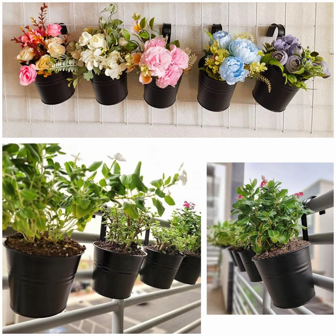 Lot de 5 Pots de Fleurs à Suspendre en Métal avec Crochet pour Balustrade, Balcon, Jardin (Noir)
