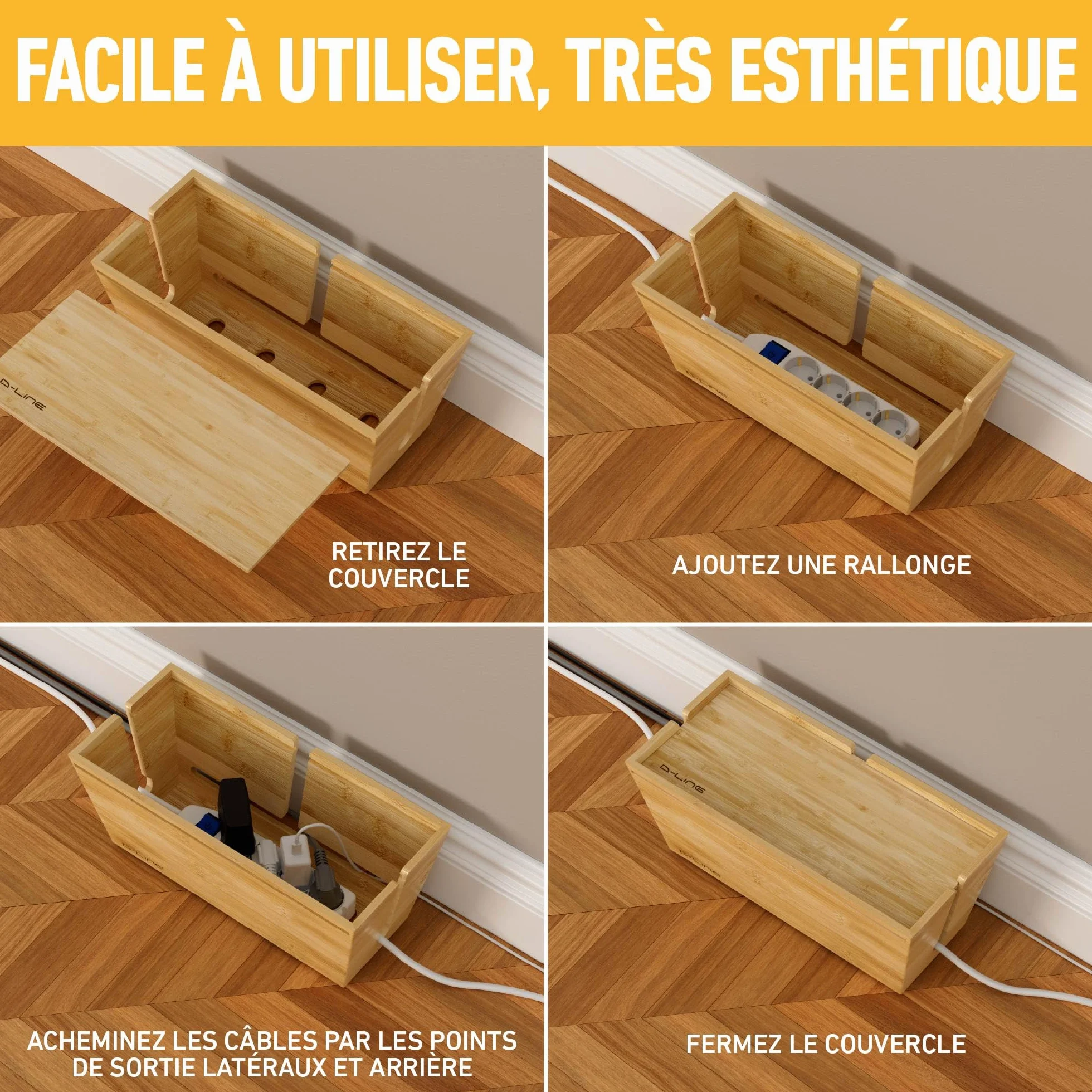 D-Line Boîte à Câbles en Bambou | Boîte de Rangement Naturelle pour Multiprises et Fils | Organiseur Écologique avec Couvercle Coulissant | Solution Élégante pour Cacher Les Câbles