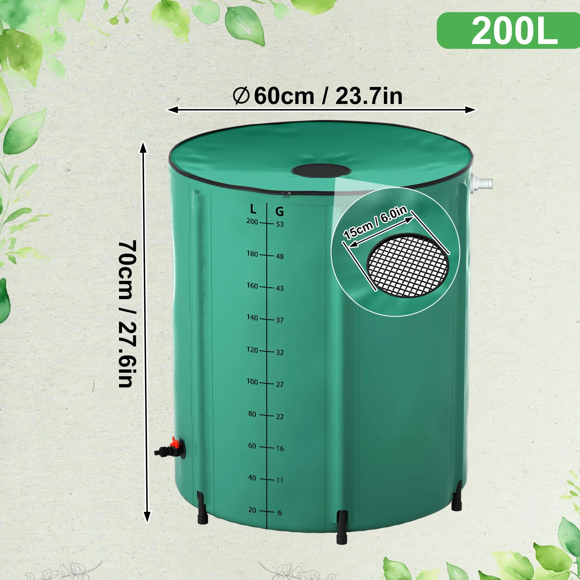 Récupérateur d'eau de pluie pliable 200 l PVC mat avec couvercle - Vert