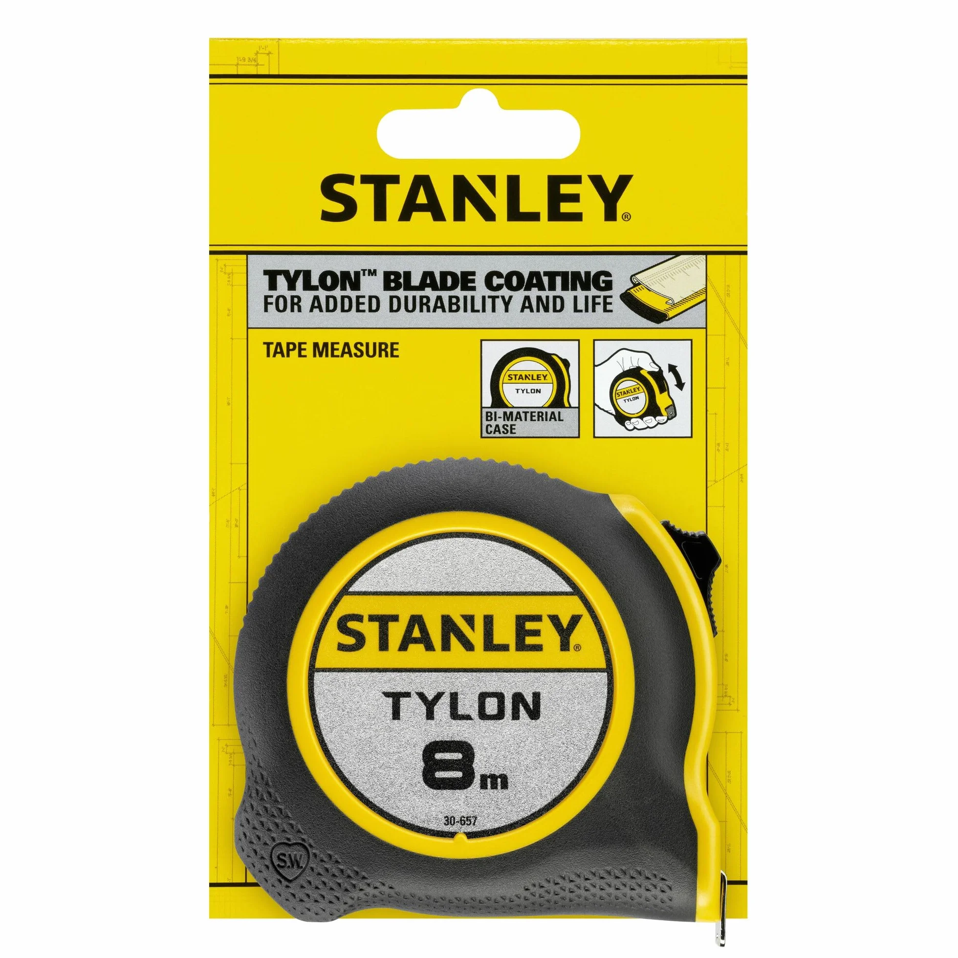 STANLEY Mètre 8 m x 25 mm Bi Matière Tylon Ruban en Acier Laqué Crochet Deux Rivets
