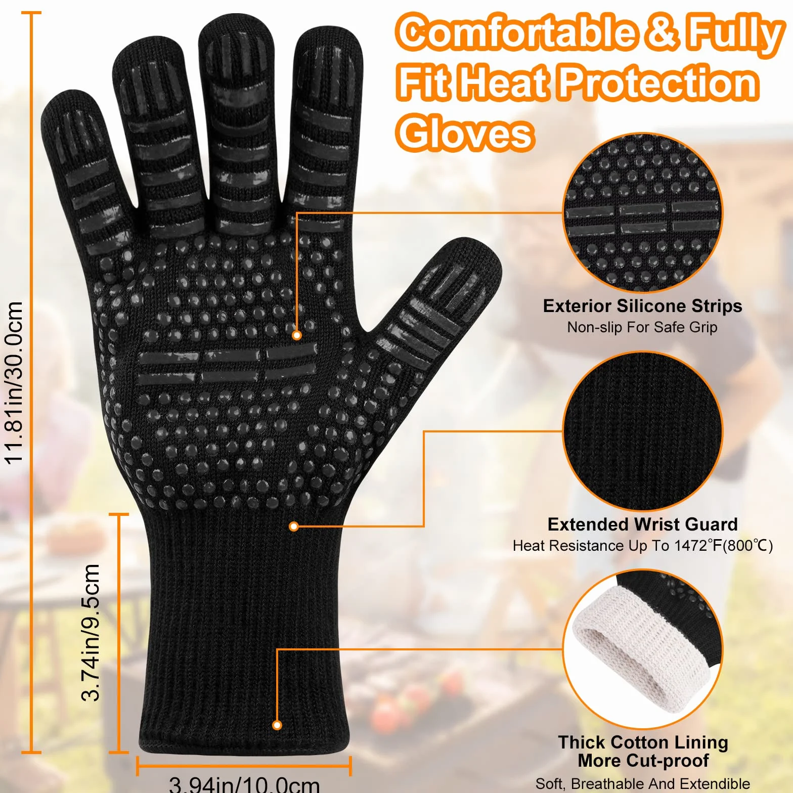 Flintronic Gants de Barbecue Anti-Chaleur 800°C Résistant à la Chaleur Antidérapants pour BBQ Four Gril