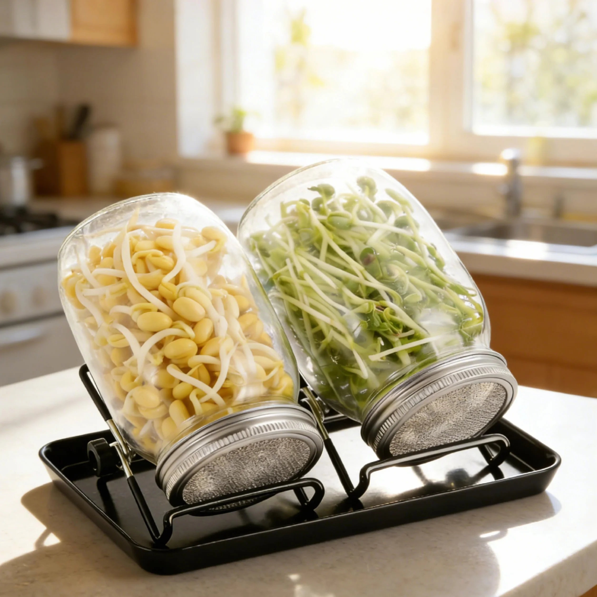 Lot de 2 bocaux en verre 1000 ml avec couvercle à tamis et bol en acier inoxydable 304 pour germination