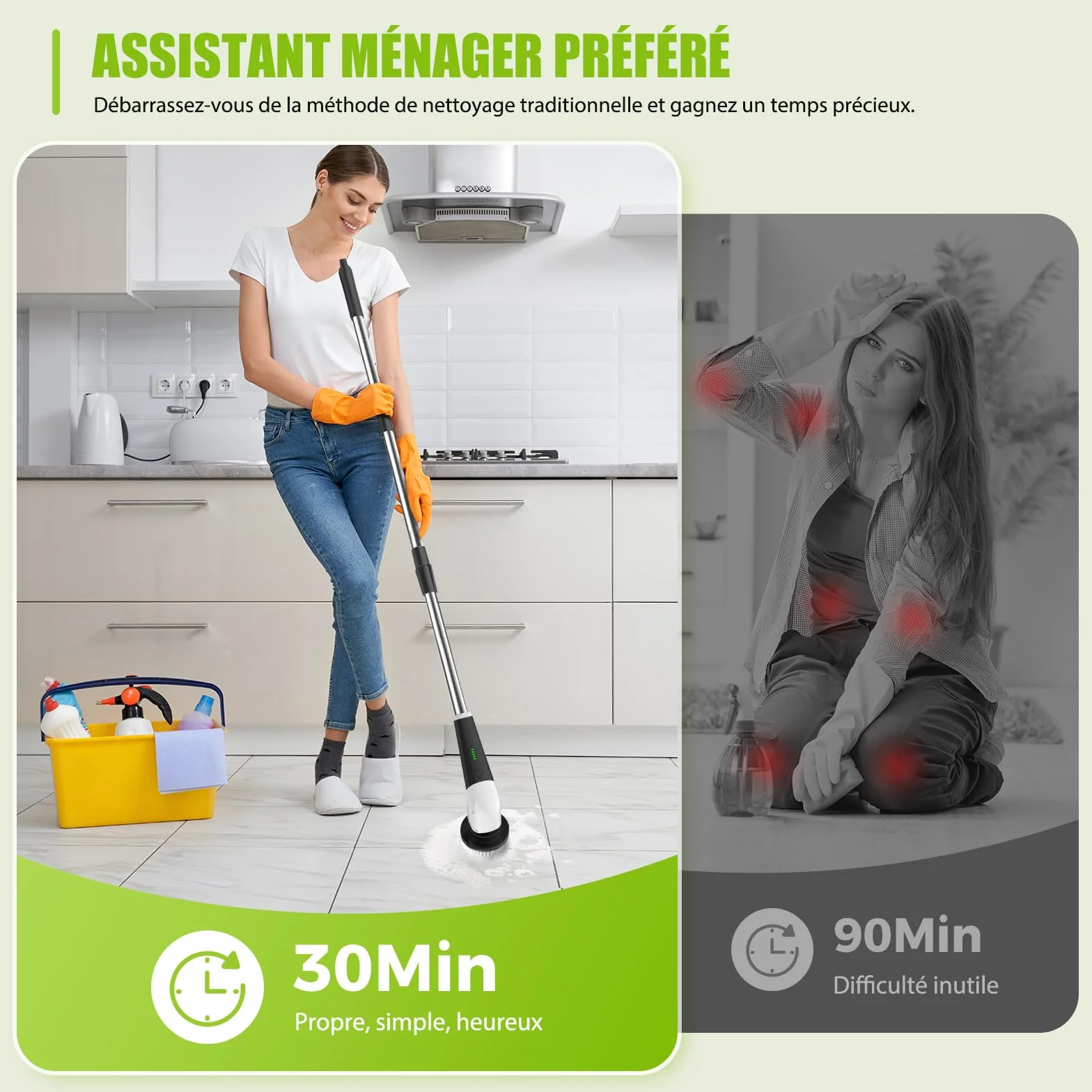 YKYI Brosse électrique Nettoyage rotative avec 8 têtes, Manche Extensible, 2 Vitesses, Batterie 2500mAh, étanche IPX7 – Brosse Nettoyage Salle de Bain et Cuisine