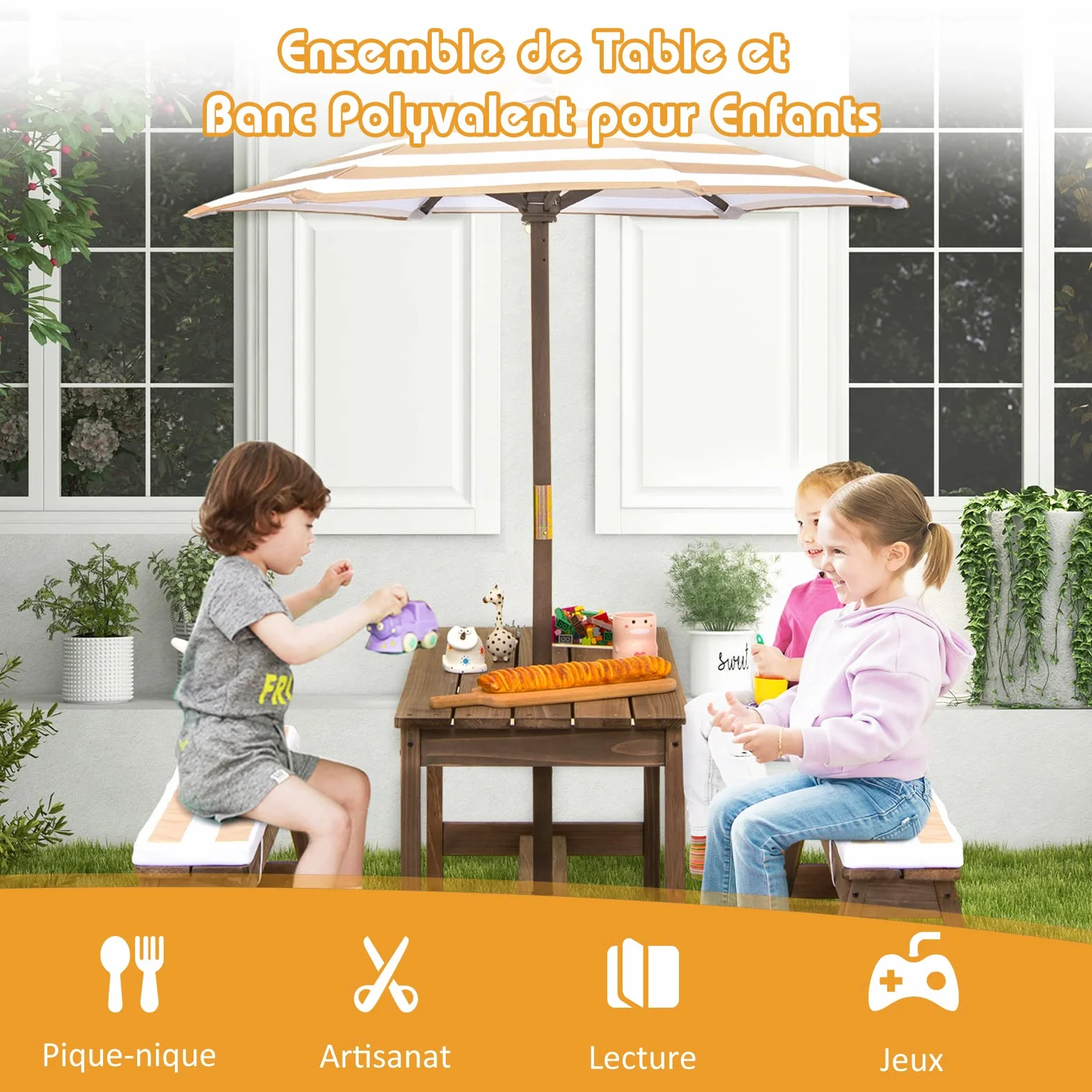 COSTWAY Table de Pique-Nique Enfants avec Parasol Réglable, Salon Jardin Bois Coussins, 89 x 44 x 50 cm Marron